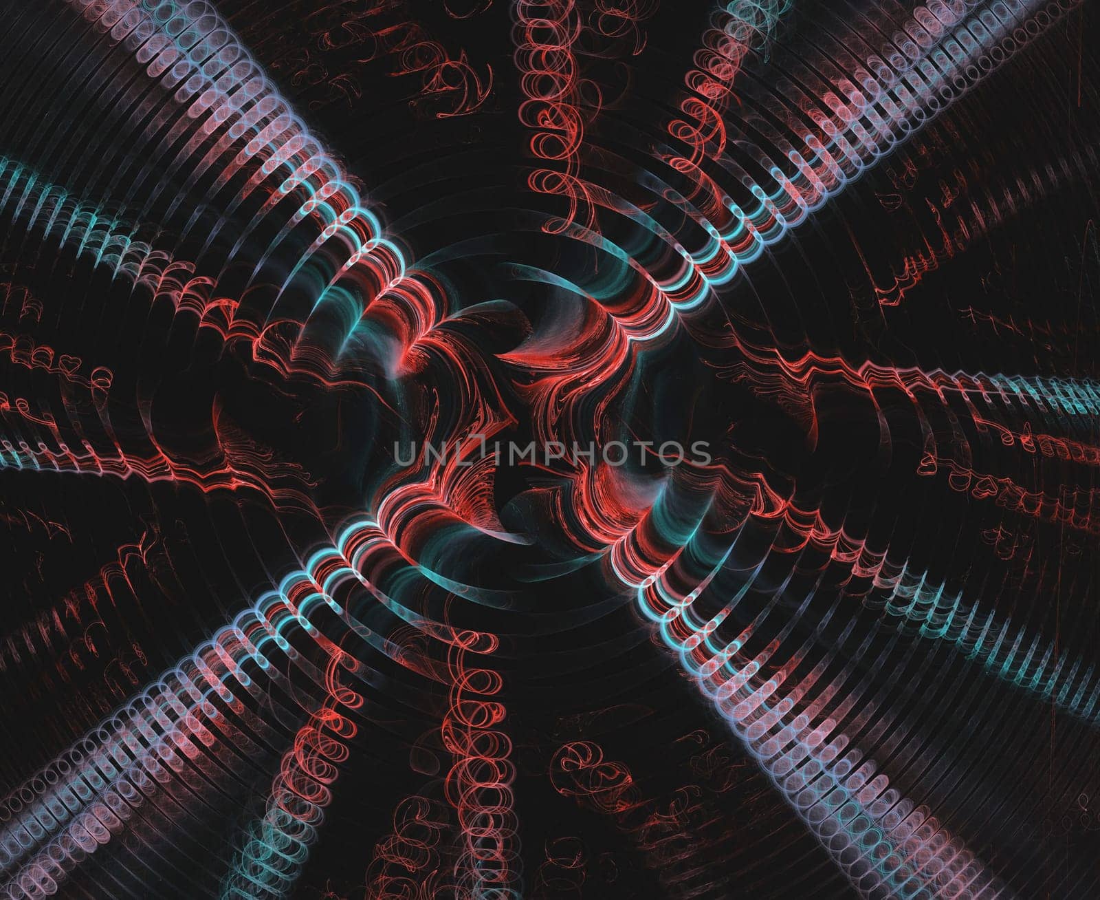 Fractal spiraling out of control in teal and red.