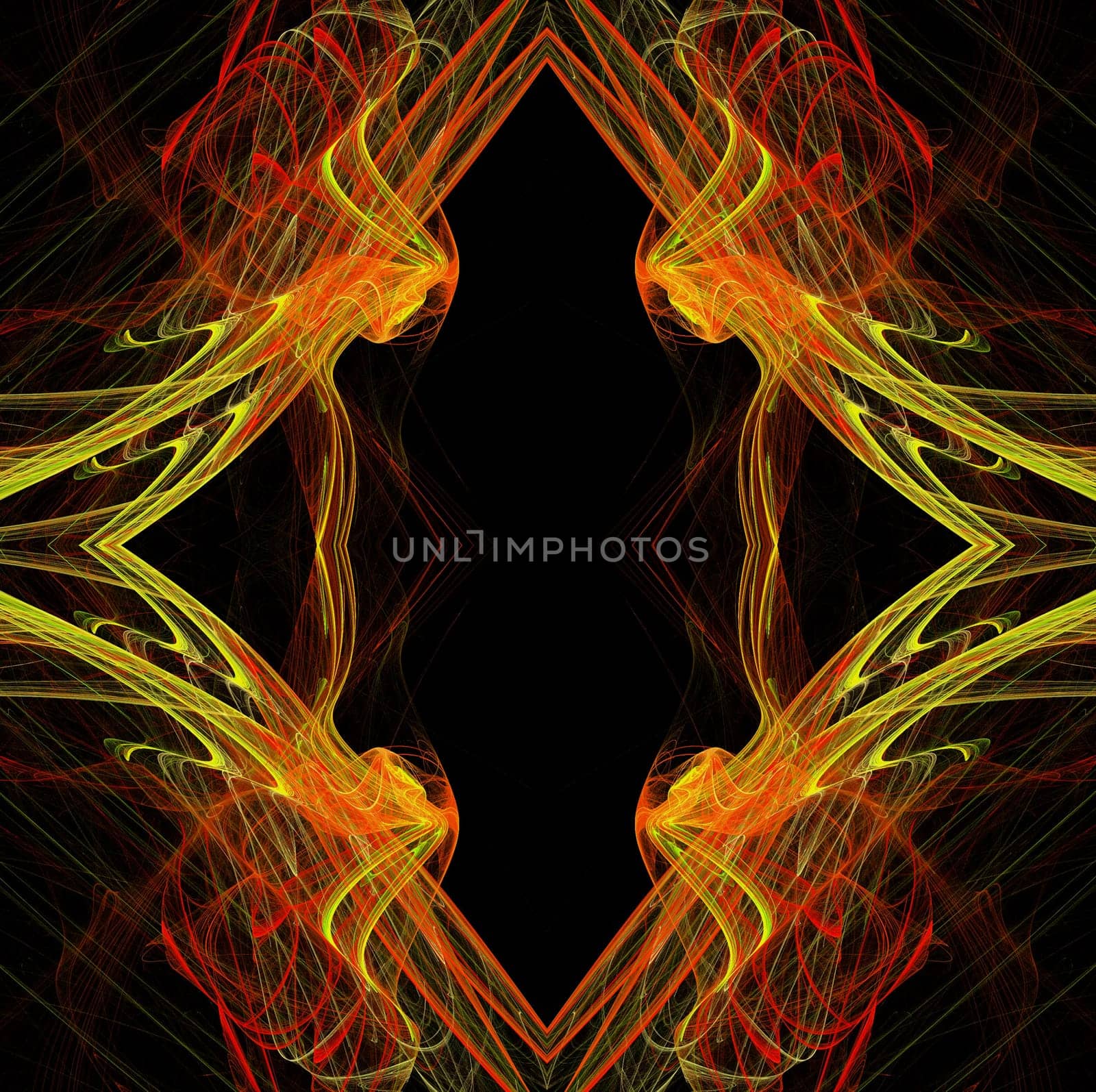 Diamond shaped continuous fractal pattern in yellow and red on a black background.
