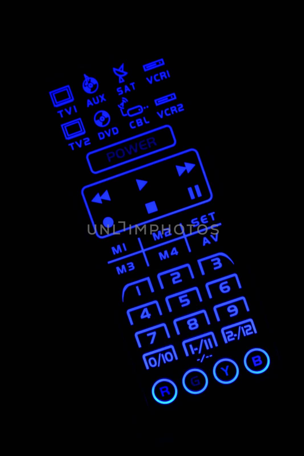 A Isolated lighted  TV remote control on black