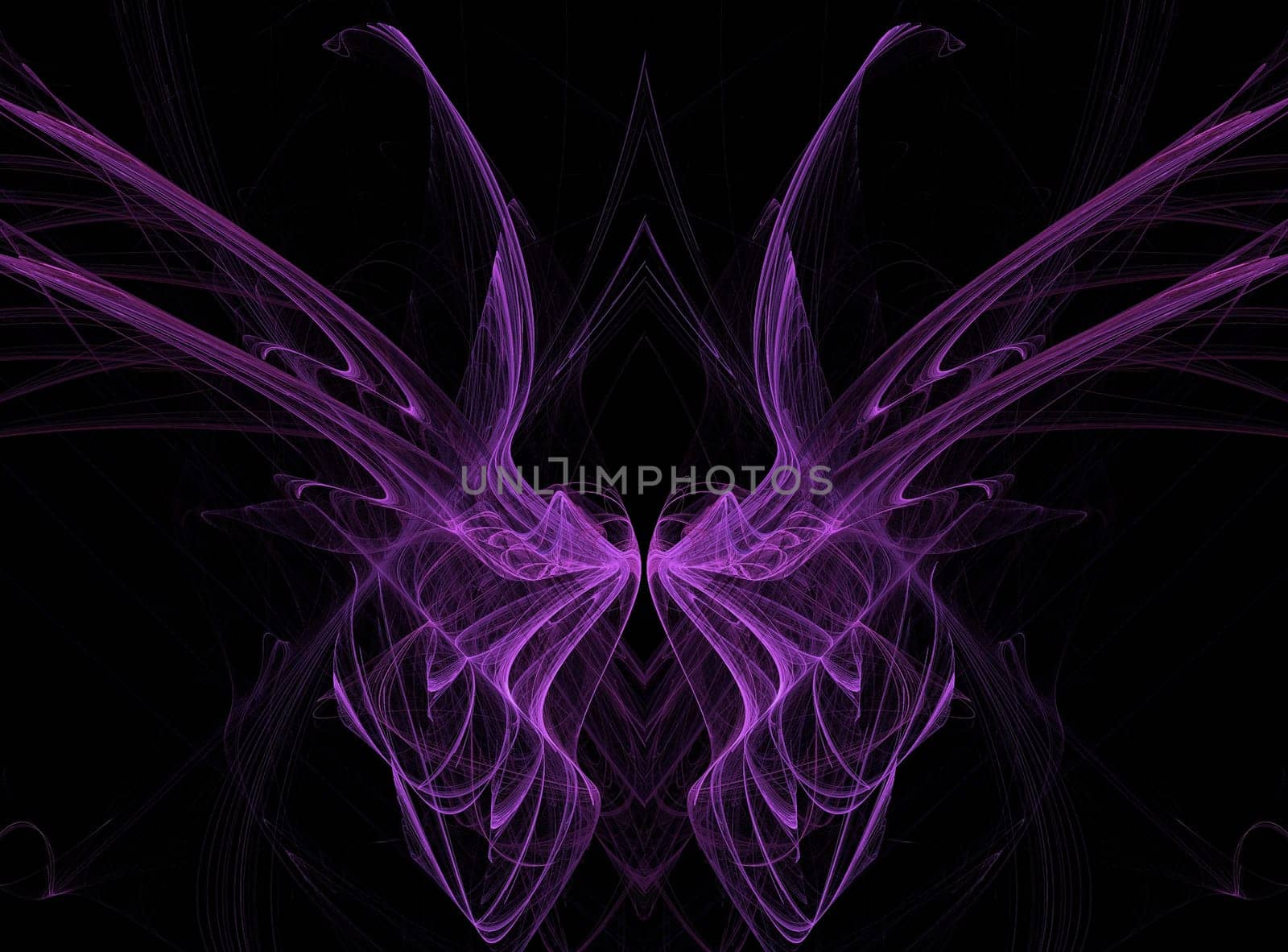 Abstract fractal illusion of purple butterfly wings on a black background.