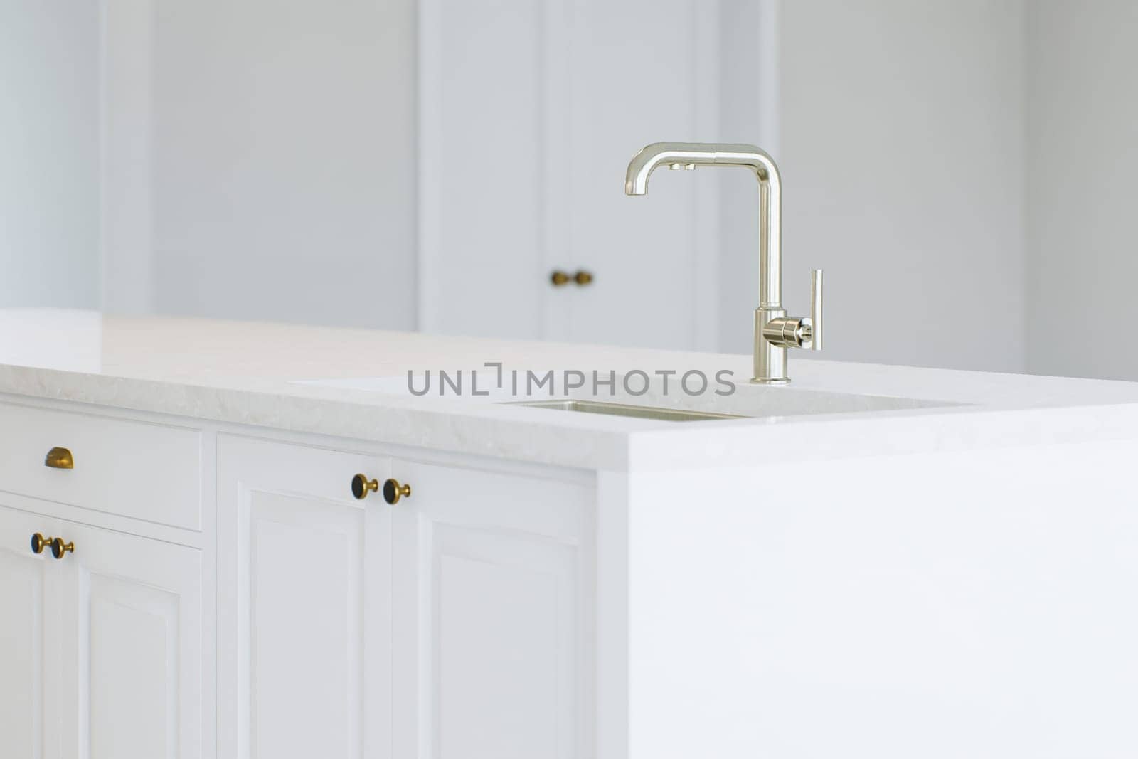 View of the sink. Kitchen island with white cabinets. 3D rendering.