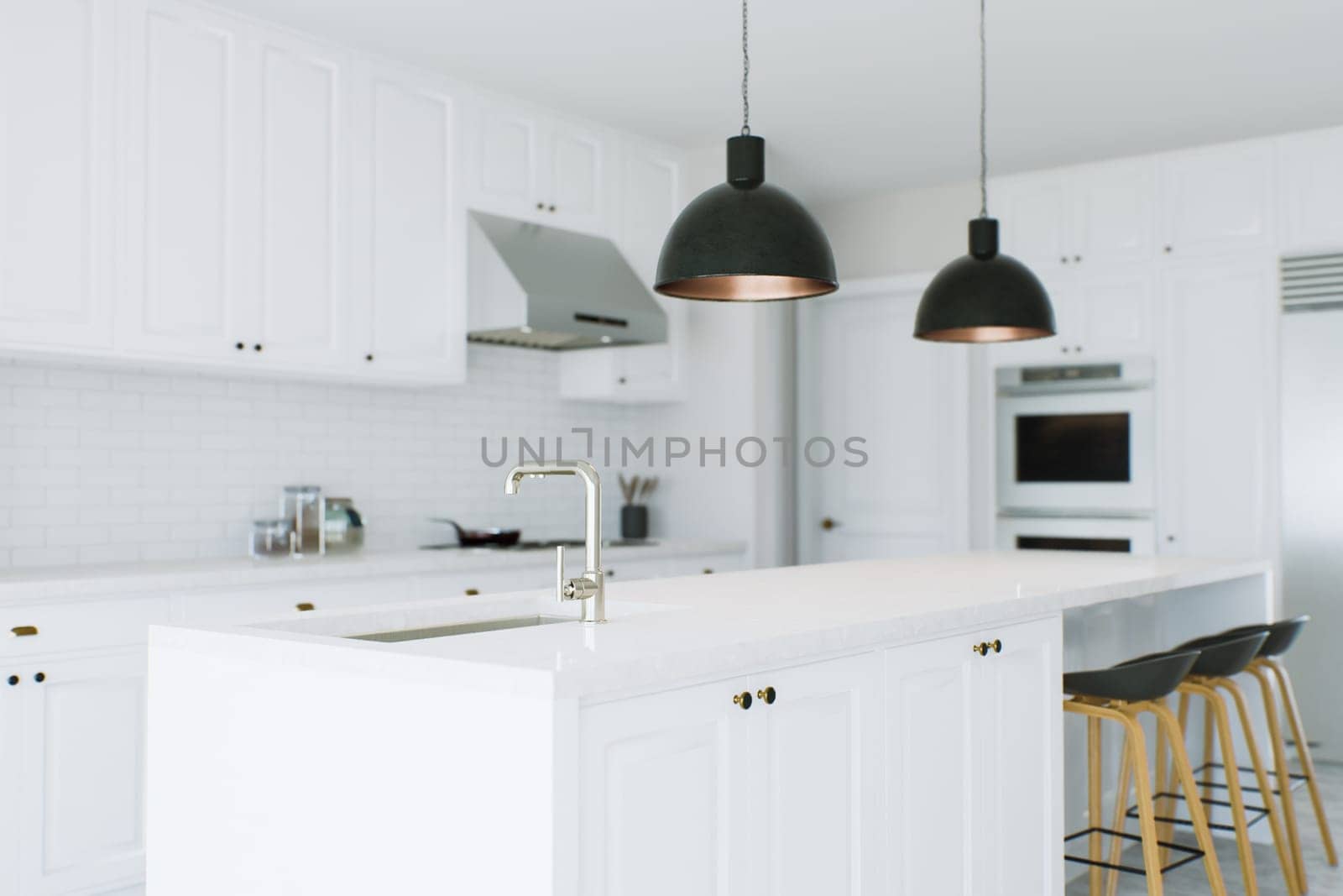 Large white kitchen with appliances and island accent. Kitchen with household appliances and utensils. 3D rendering