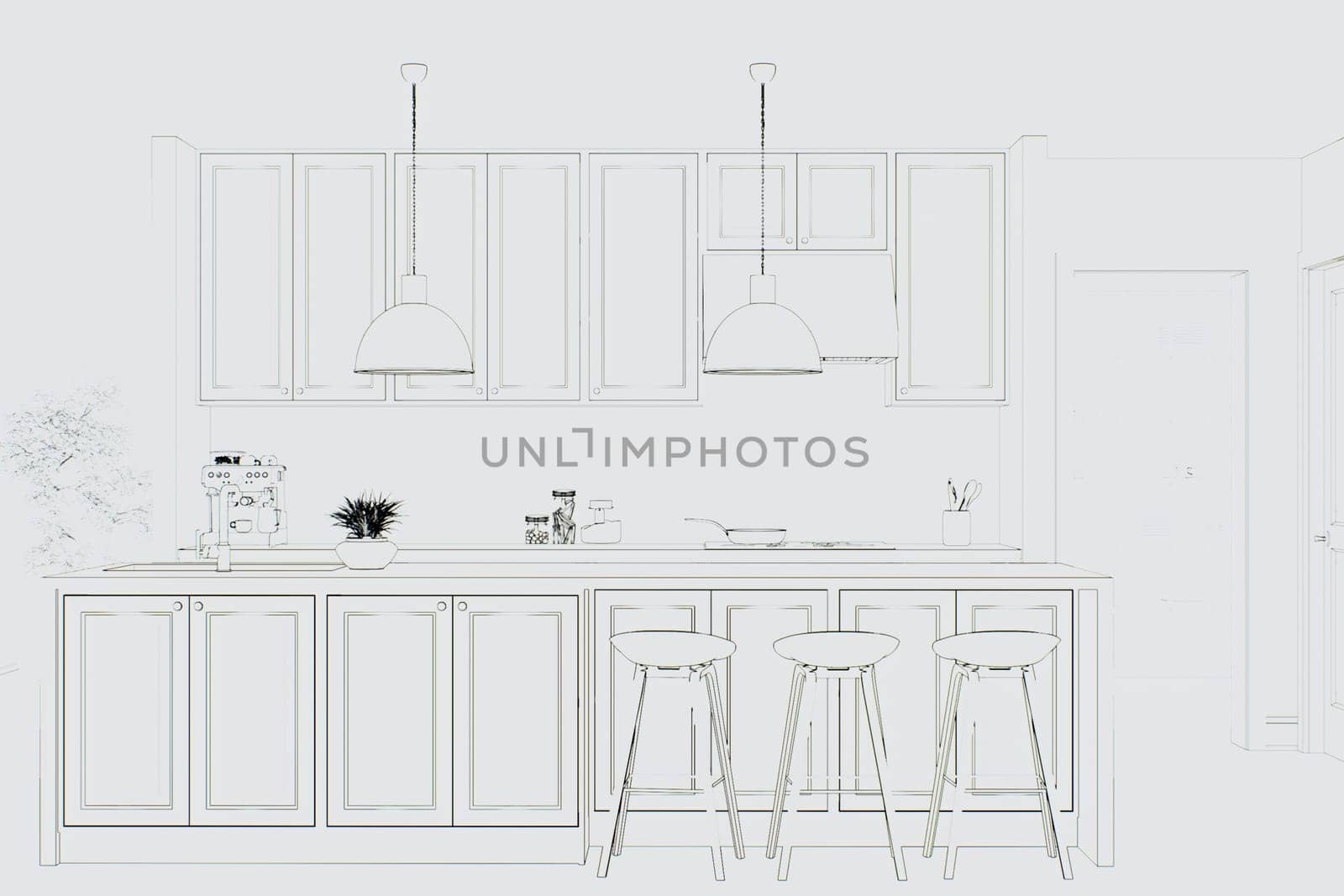 Painted kitchen on a white canvas with an island and appliances. by N_Design