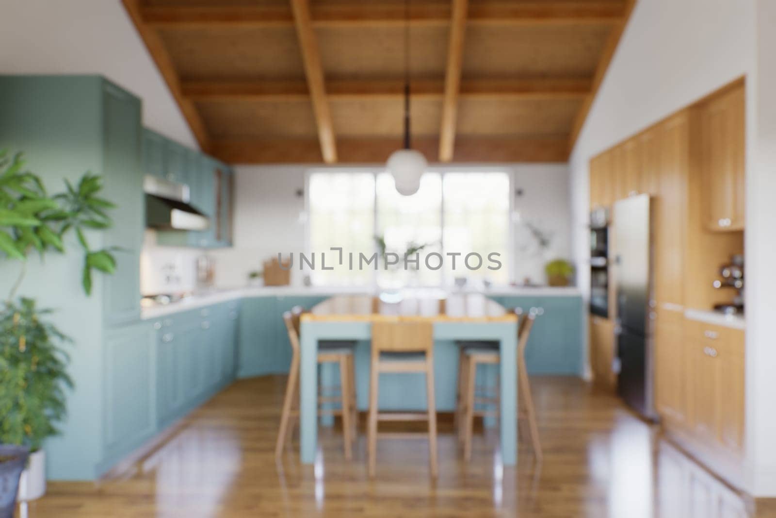 The large green kitchen is out of focus. Green kitchen interior in bokeh. 3D rendering