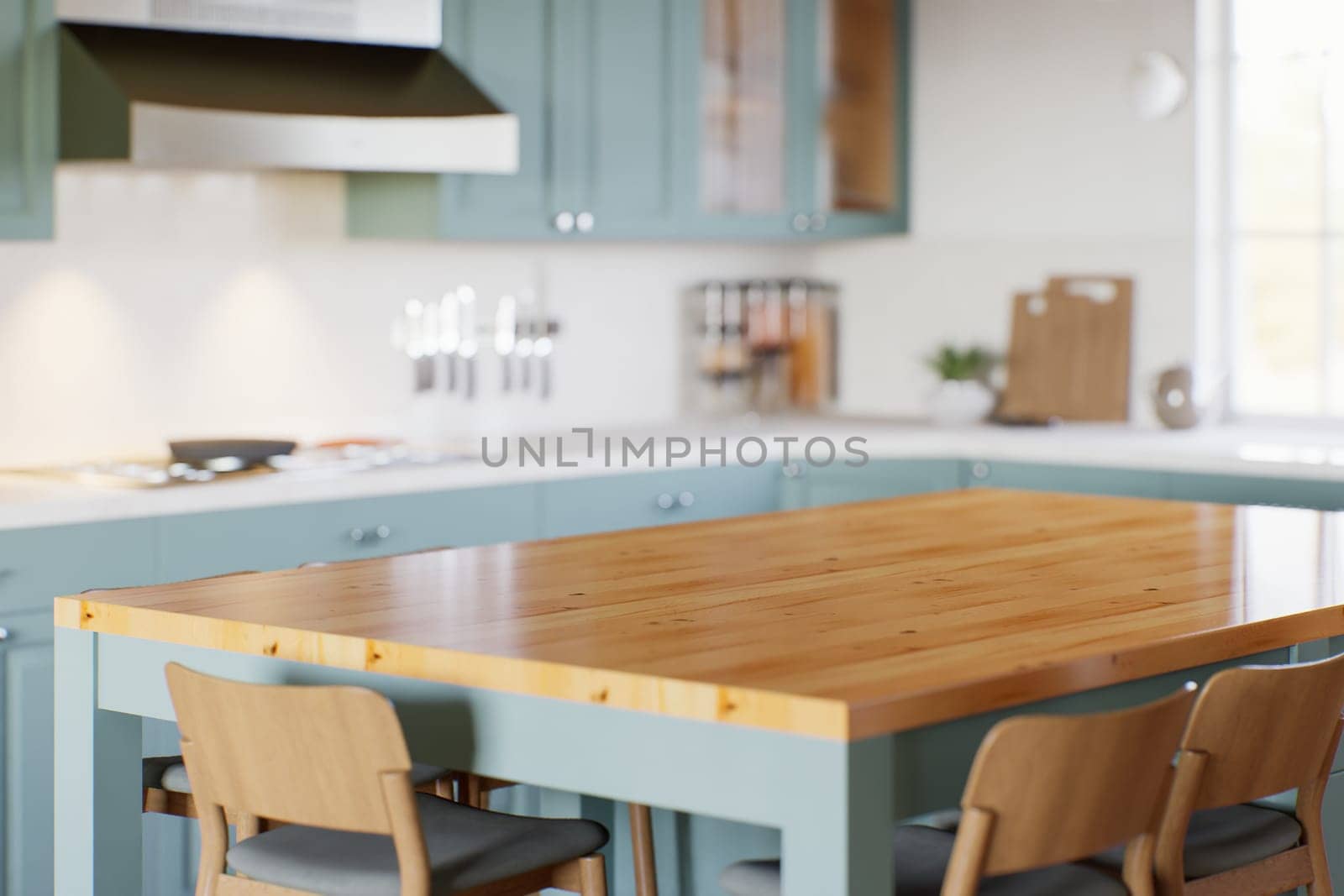 Kitchen with green cabinets, large window in the background and accent countertop to advertise the product. Kitchen island with blurry long shot of green kitchen. 3D rendering.