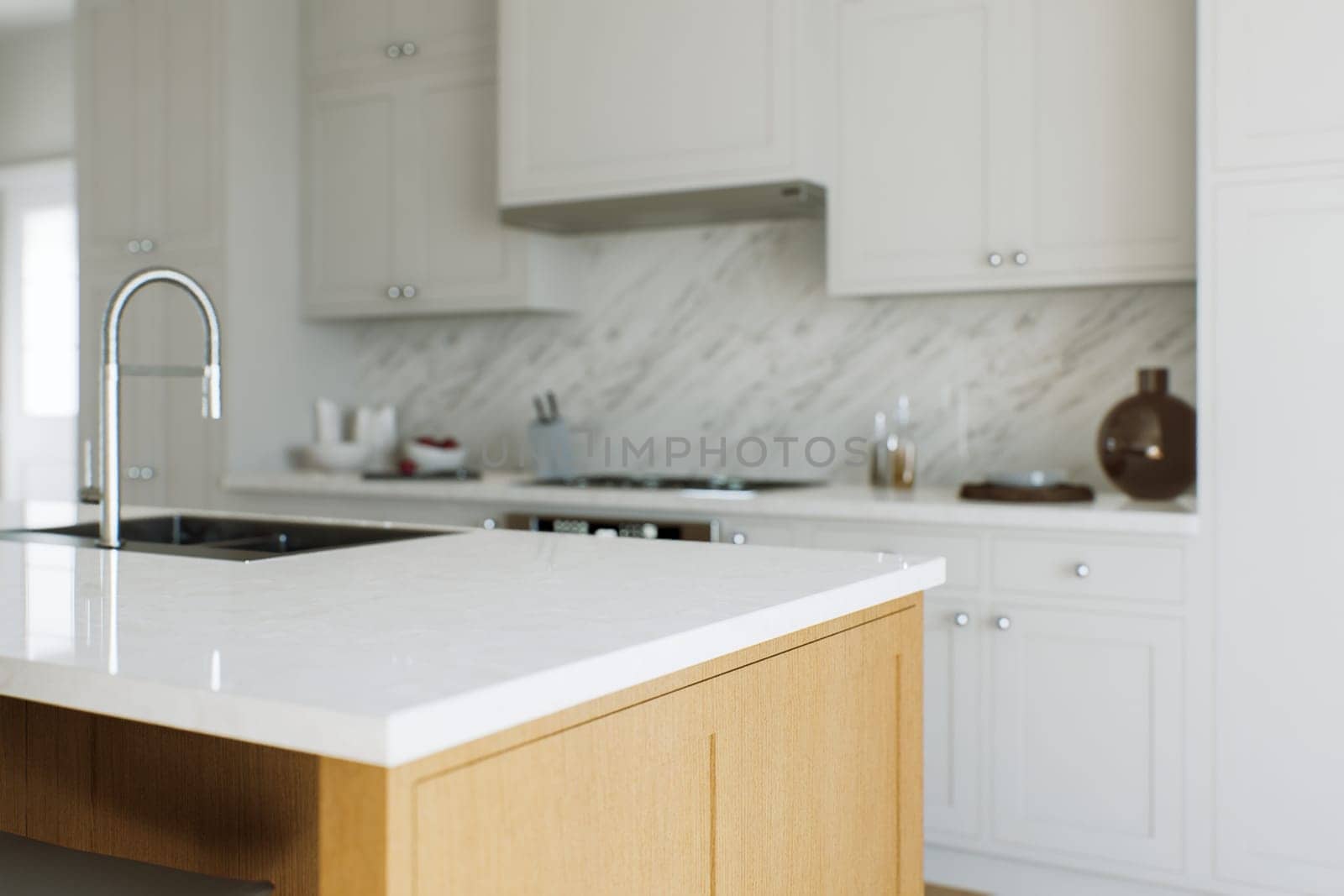 View of a kitchen island, white marble countertop with blurred white kitchen background for product presentation. Table with blurred kitchen background in bokeh. 3D rendering