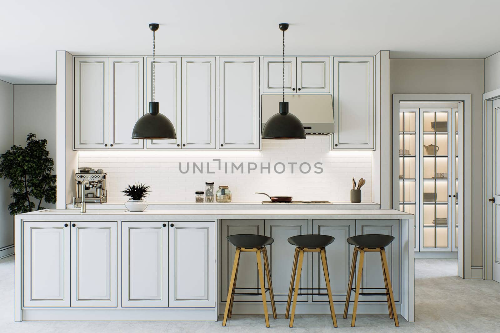 White kitchen interior outlined with black lines. Kitchen design abstraction. Kitchen with island and appliances. 3D rendering.