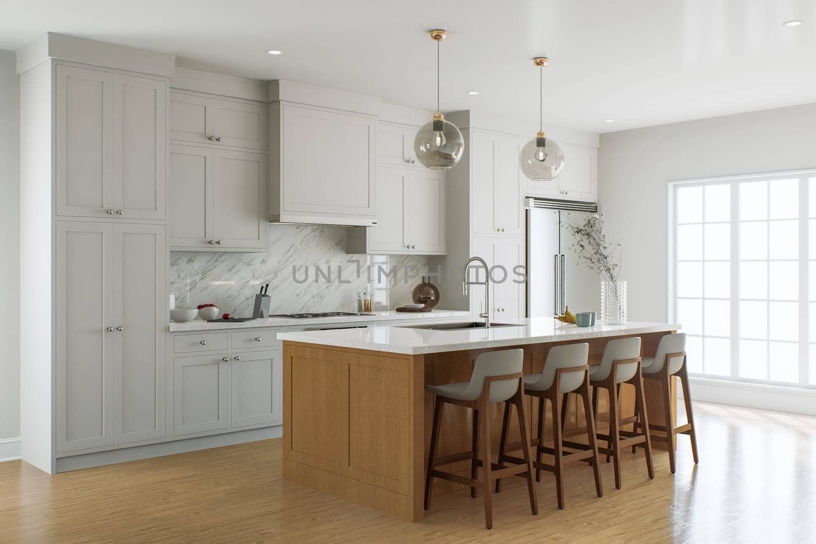 Traditional American kitchen with wooden island and kitchen appliances. Interior of a bright kitchen with a large window. 3d rendering