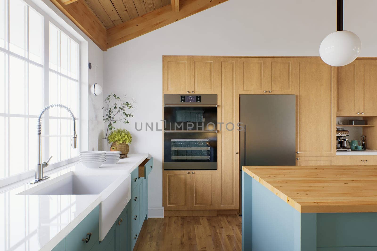 Kitchen with wooden cabinets and green facades, with a large window, kitchen appliances and utensils. Accent on the kitchen sink with faucet in the kitchen. 3D rendering