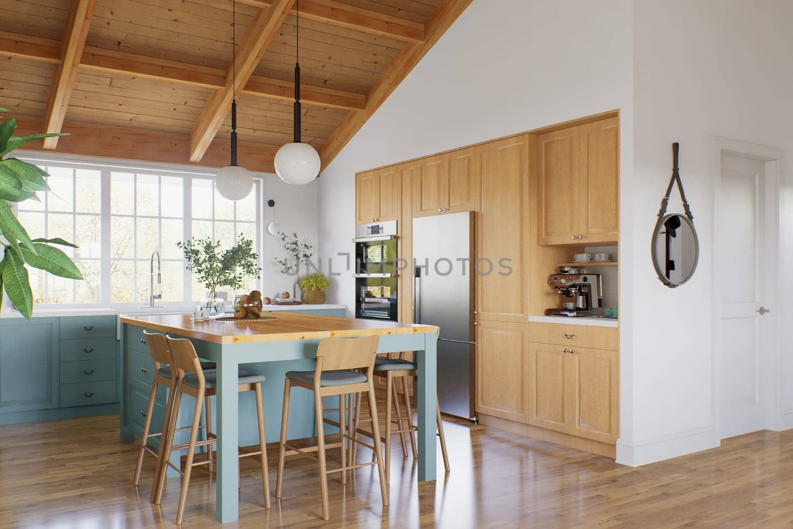 Large U-shaped green kitchen with island and wooden countertop. Kitchen interior with high ceiling and wood in the interior. 3d rendering.