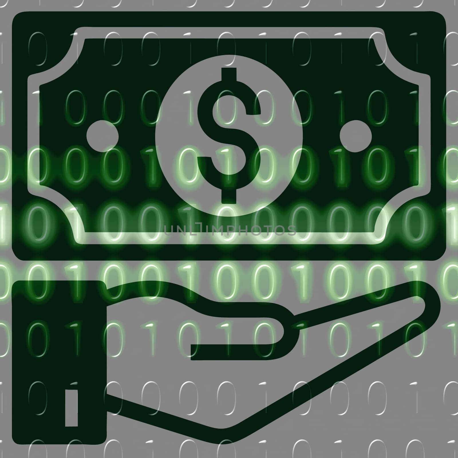 Money in hand icon on the background of the binary code. Vector illustration.hand holding a dollar symbol on a binary code background.