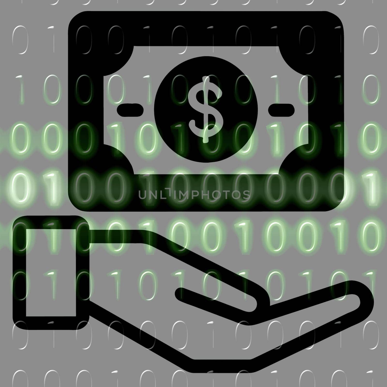 Money in hand icon on the background of the binary code. by yilmazsavaskandag