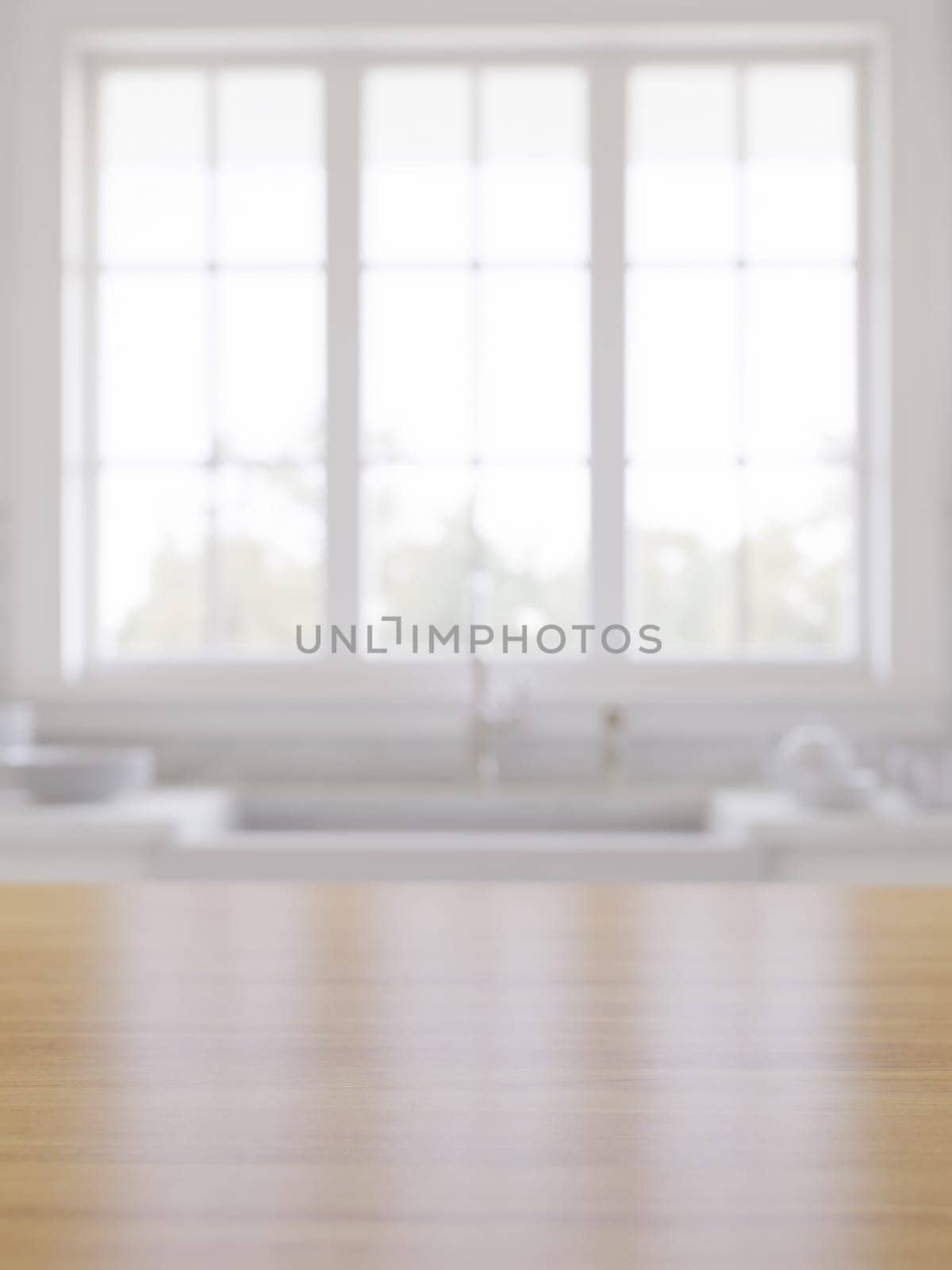 Wooden countertop, empty surface to place your goods, with a blurred kitchen background in the background. Stylish, bright kitchen in traditional style. 3D rendering