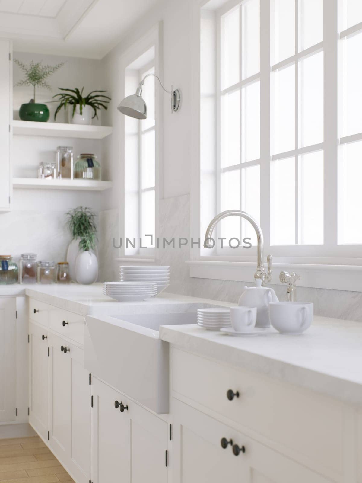 Kitchen sink by the window with dishes. Stylish, bright kitchen in traditional style. 3D rendering