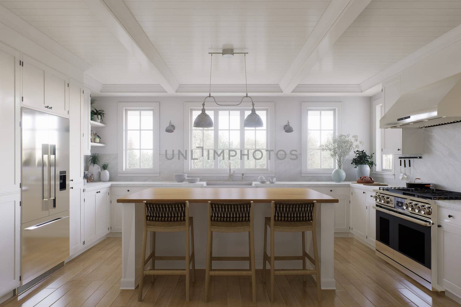 White U-shaped kitchen with windows, kitchen appliances and utensils. Stylish, bright kitchen in a traditional style. 3D rendering