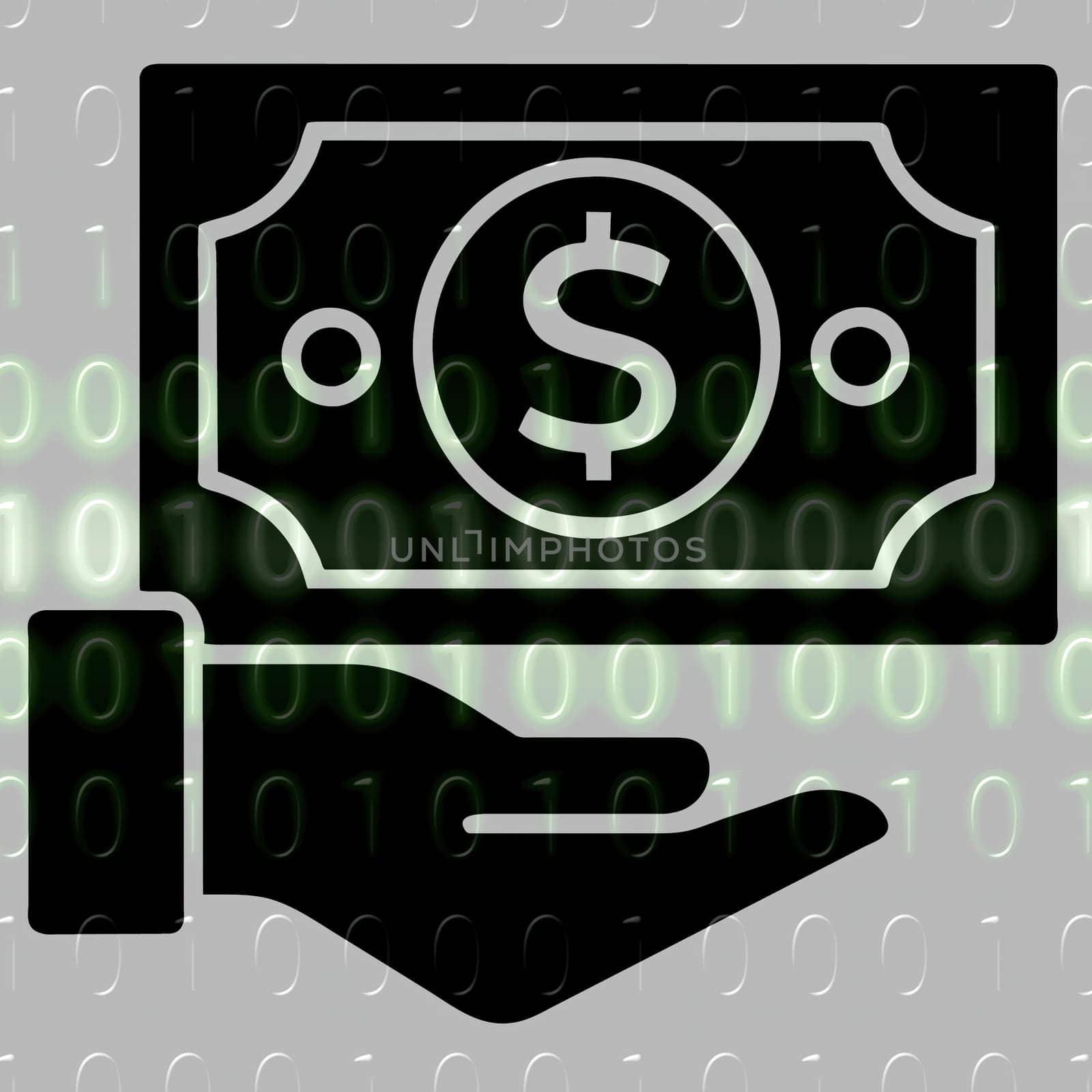 Money in hand icon on the background of the binary code. Vector illustration.hand holding a dollar symbol on a binary code background.