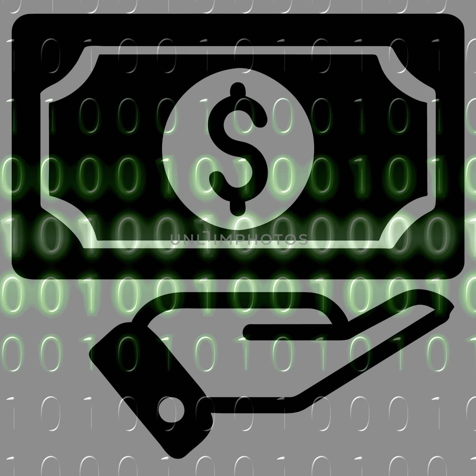 Money in hand icon on the background of the binary code. Vector illustration.hand holding a dollar symbol on a binary code background.