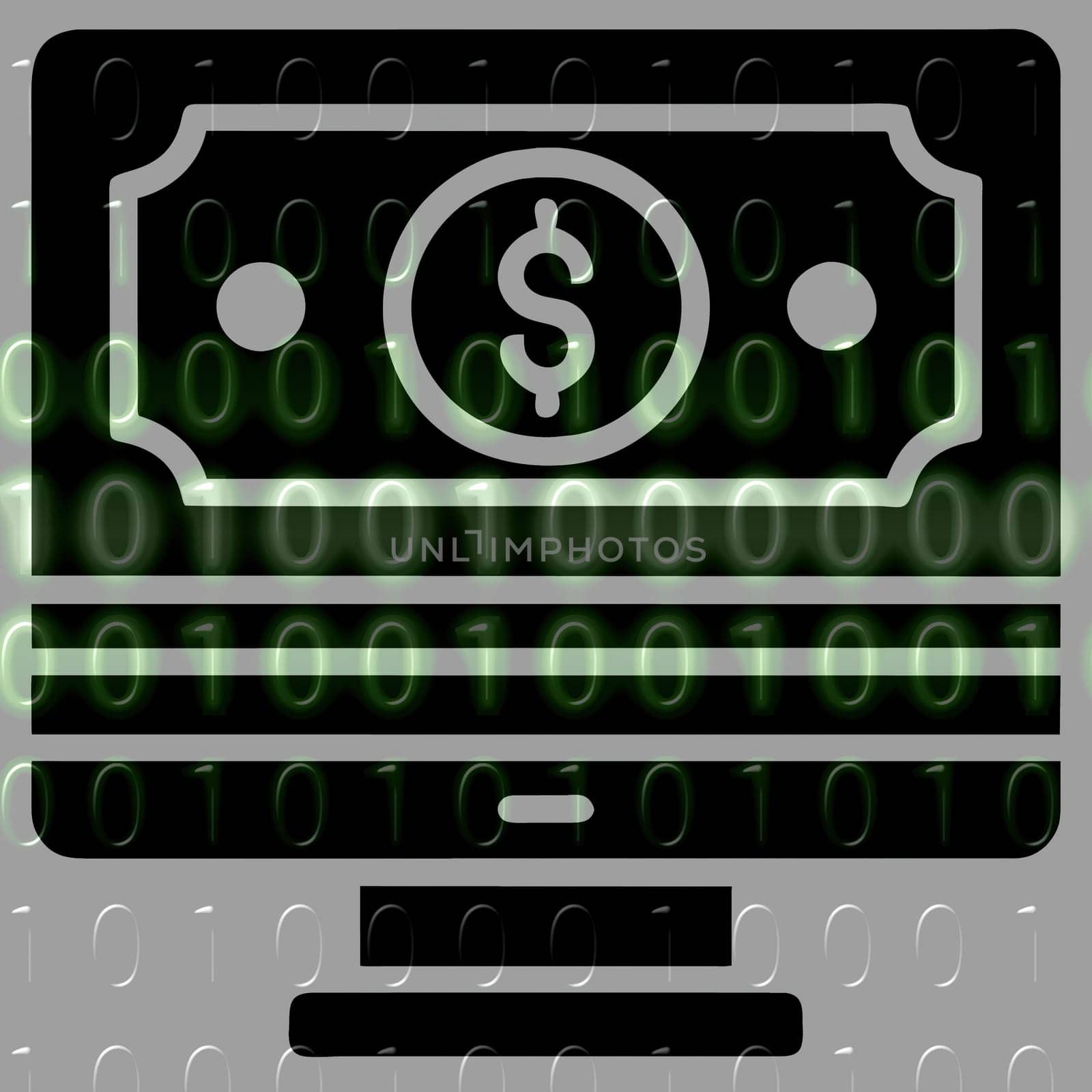 Computer screen with dollar banknote and binary code. Vector illustration.Computer screen with dollar sign on the green binary code background.