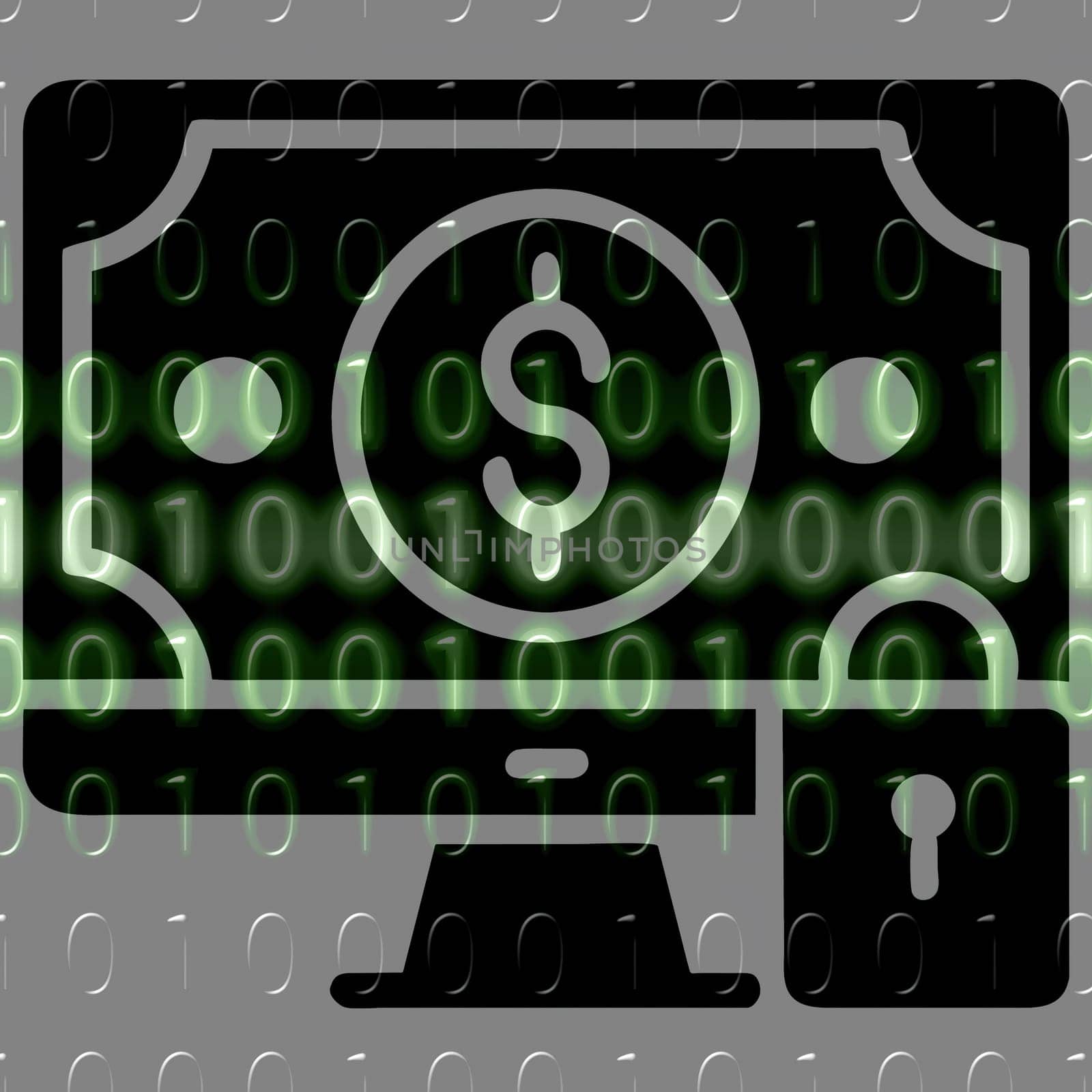 Computer screen with dollar banknote and binary code. Vector illustration.Computer screen with dollar sign on the green binary code background.