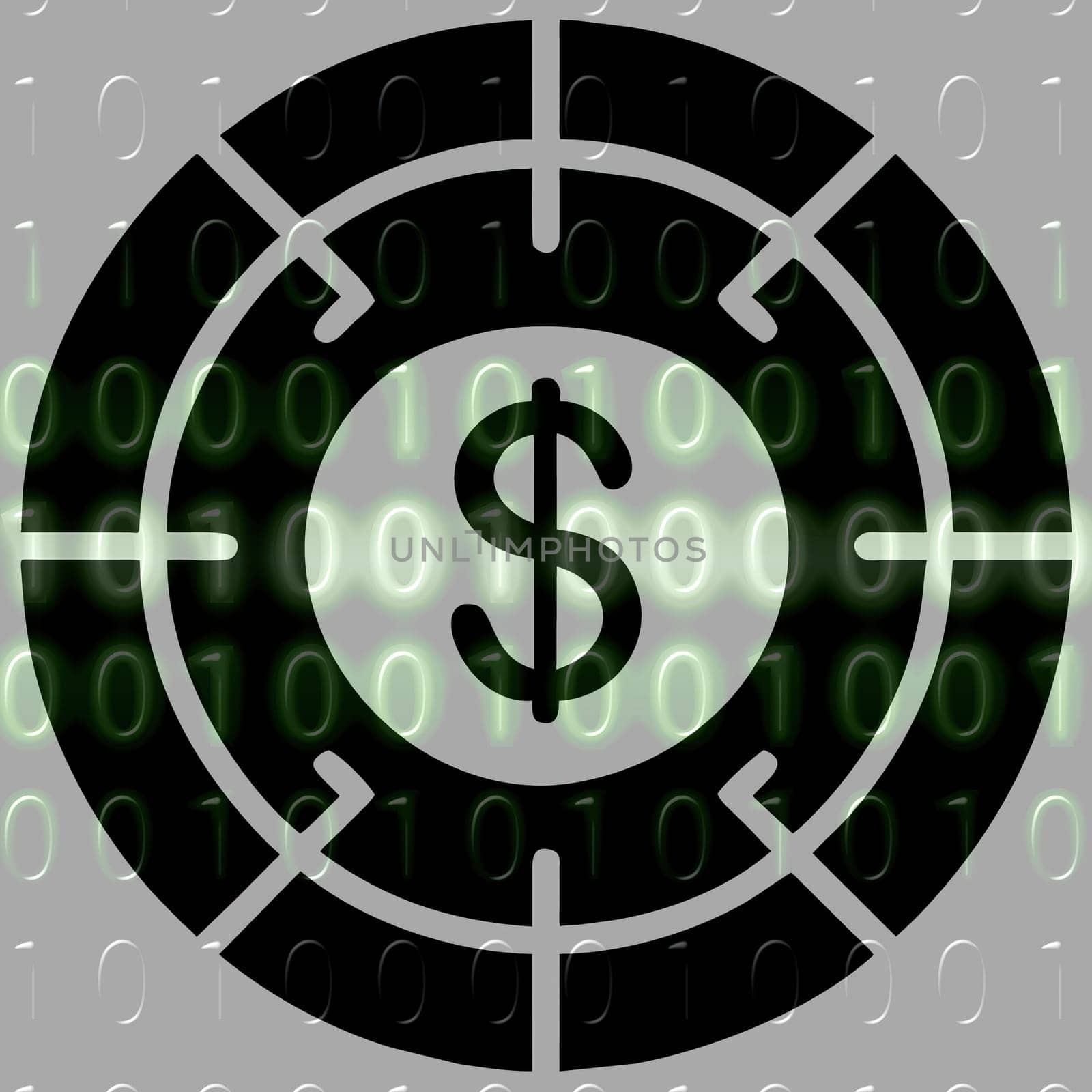 Dollar icon on a target with binary code. Vector illustration.