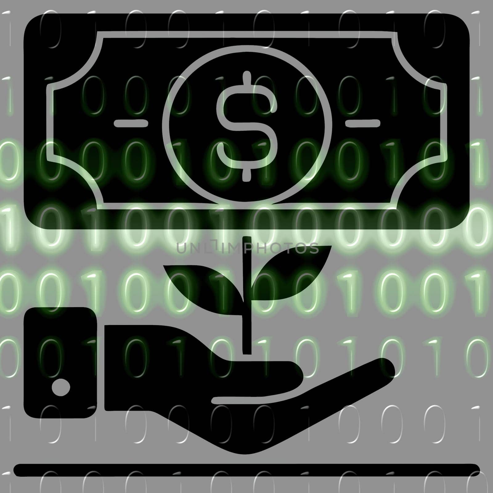 Money in hand icon on the background of the binary code. Vector illustration.hand holding a dollar symbol on a binary code background.