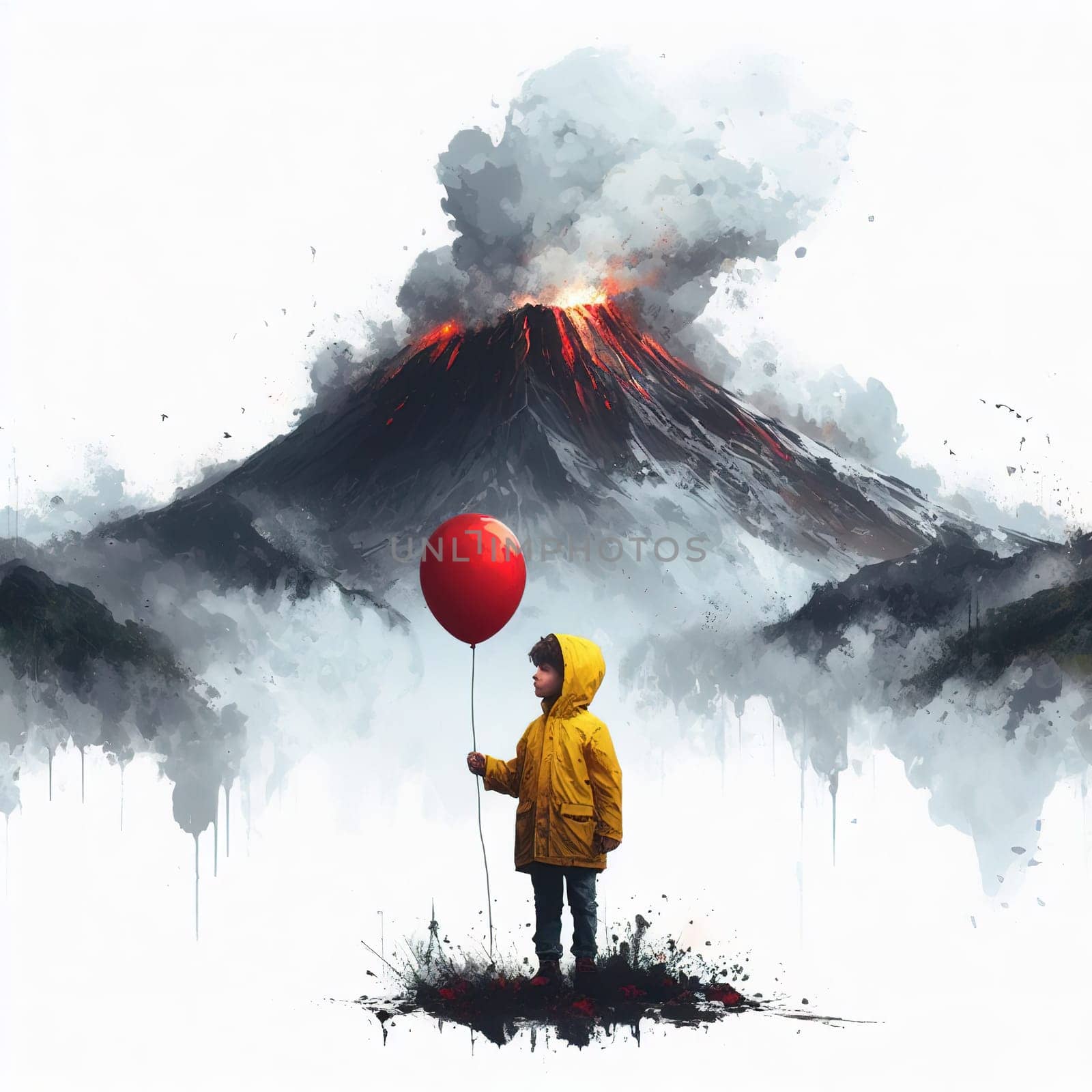 A boy in a yellow jacket with a red balloon against the backdrop of a flaming volcano. generative AI by gordiza
