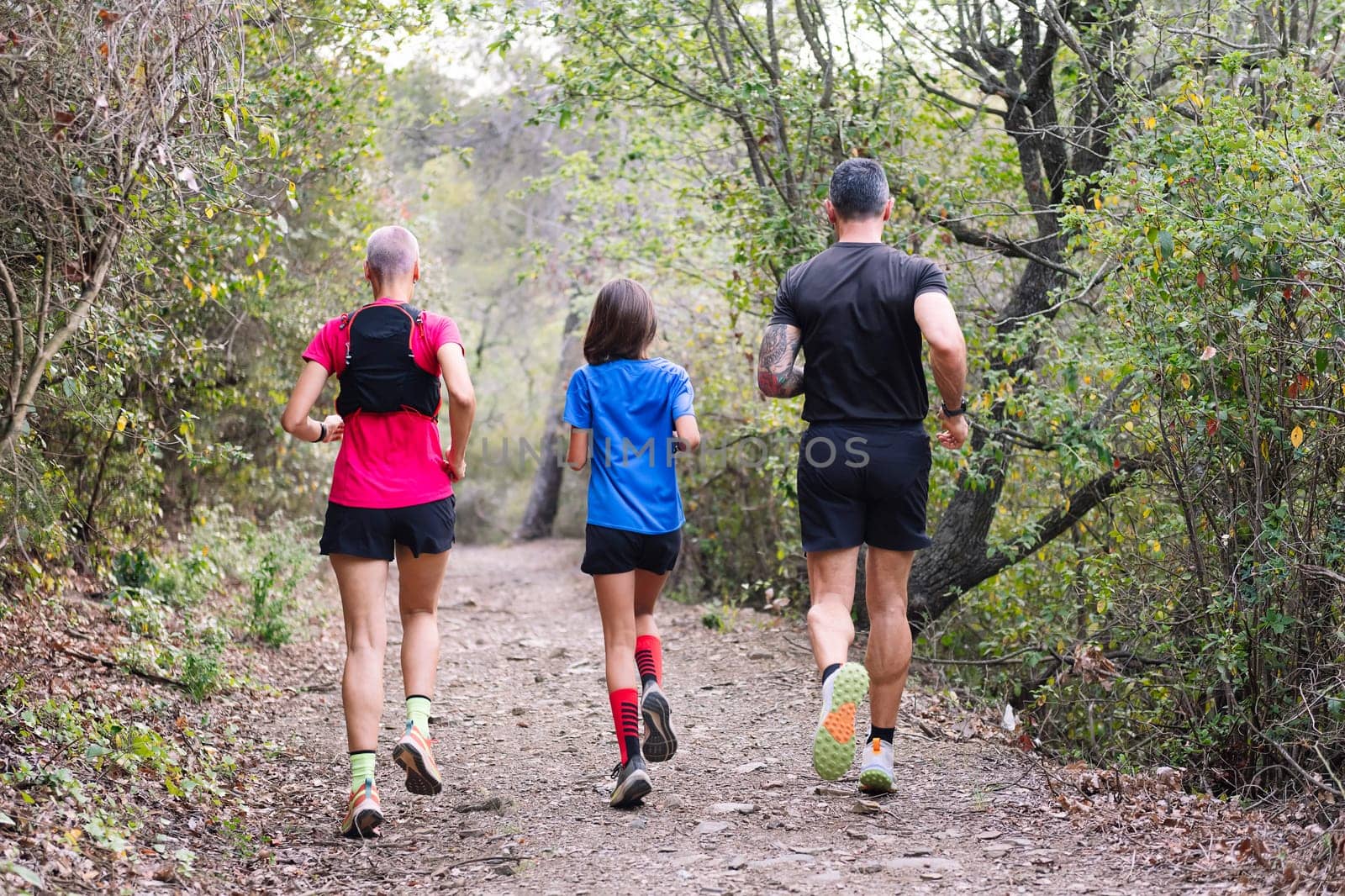 rear view of a family practicing trail running in the forest, concept of sport in nature and healthy family lifestyle