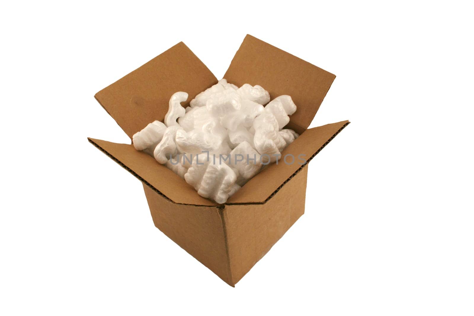 Isolated open cardboard box with packing peanuts