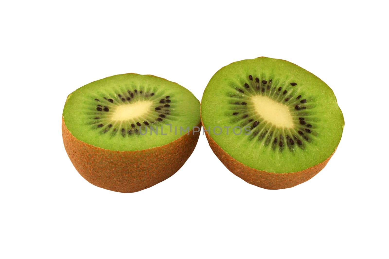 A isolated sliced kiwifuit halves on white background
