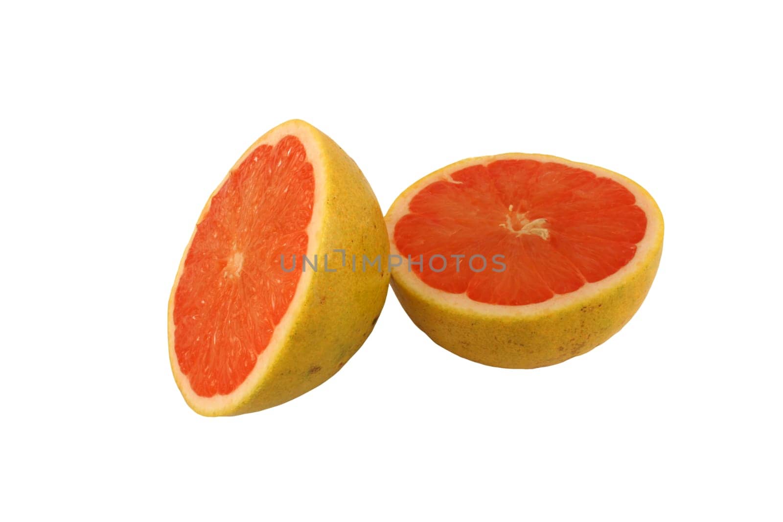 A Isolated pink grapefruit halves on white