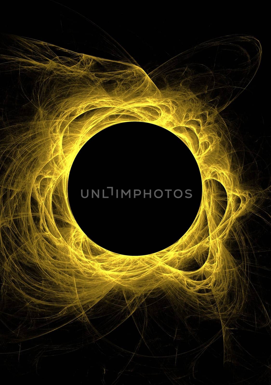 yellow fractal eclipse with solar flares on a black background.