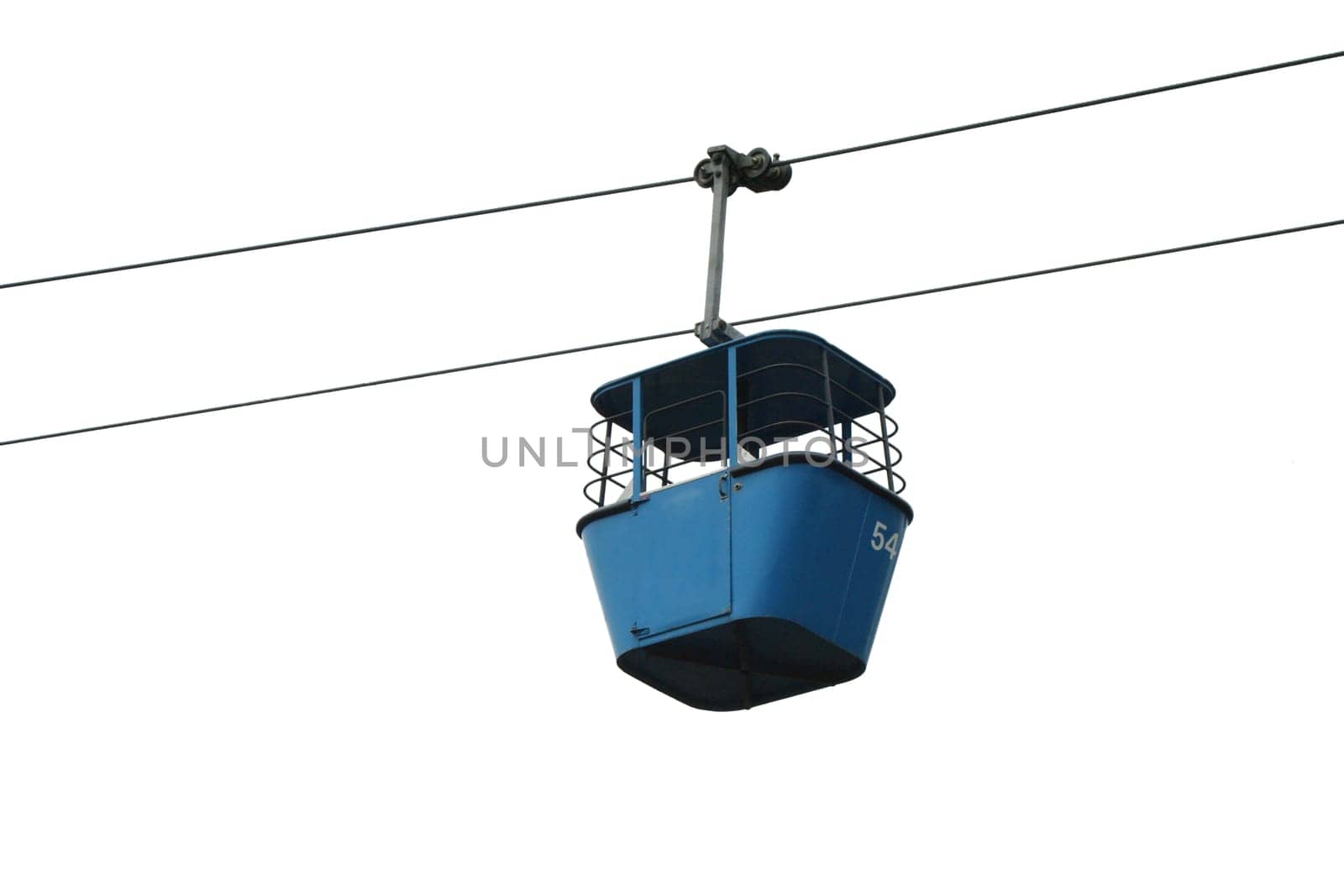A Isolated blue gondola lift with cables