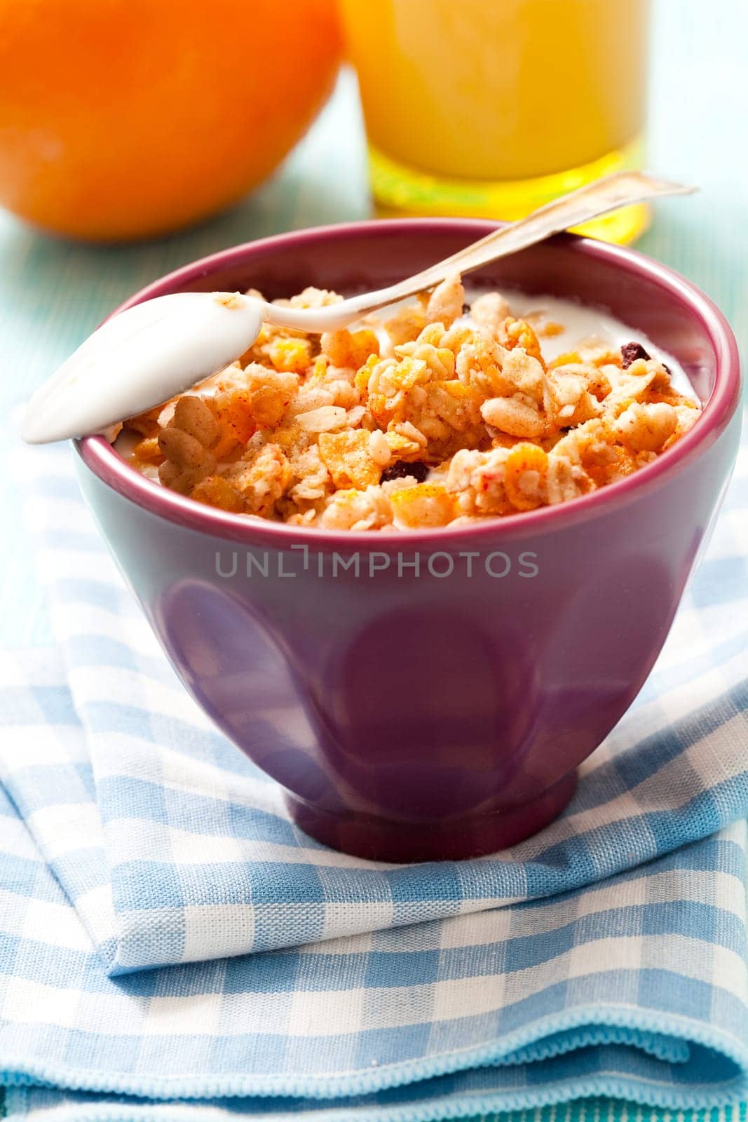 Healthy breakfast with cereal, orange and orange juice