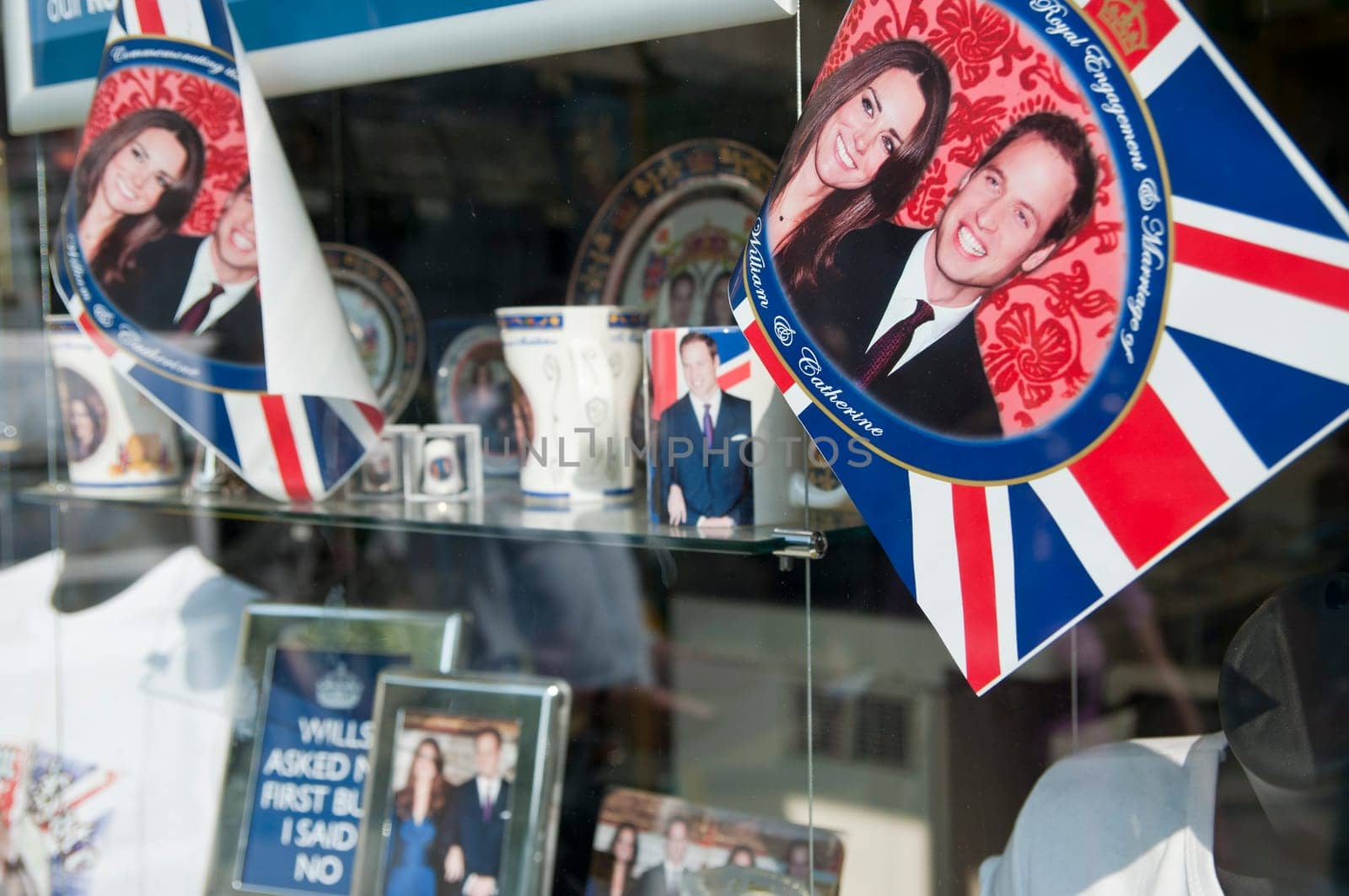 LONDON - APRIL 24: Souvenir shops selling memorabilia for Prince William and Catherine Middleton&#039 s royal wedding celebration to take place April 29 at Westminster Abbey. April 24, 2011 in London, England.