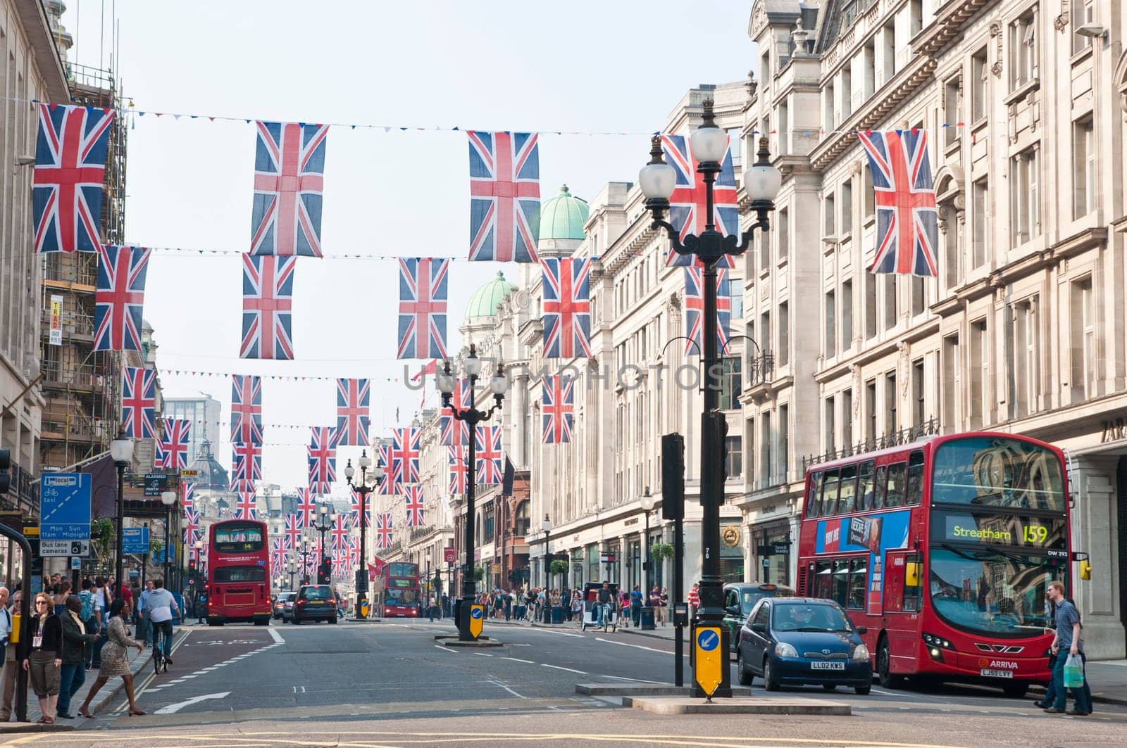 LONDON - APRIL 24: Central London hangs up buntings for Prince William and Catherine Middleton&#039 s royal wedding celebration to take place April 29 at Westminster Abbey. April 24, 2011 in London, England.