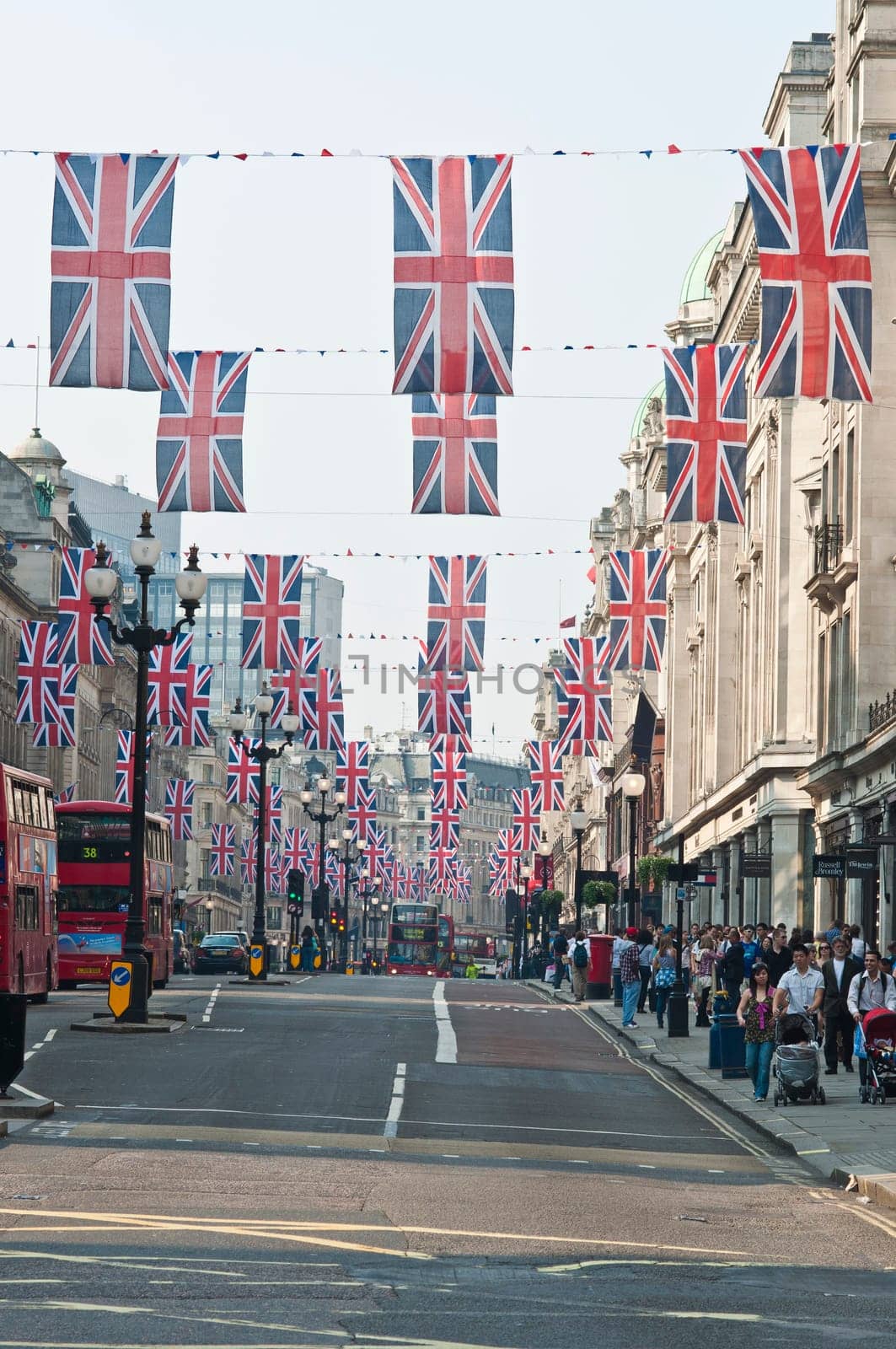 LONDON - APRIL 24: Central London hangs up buntings for Prince William and Catherine Middleton&#039 s royal wedding celebration to take place April 29 at Westminster Abbey. April 24, 2011 in London, England.