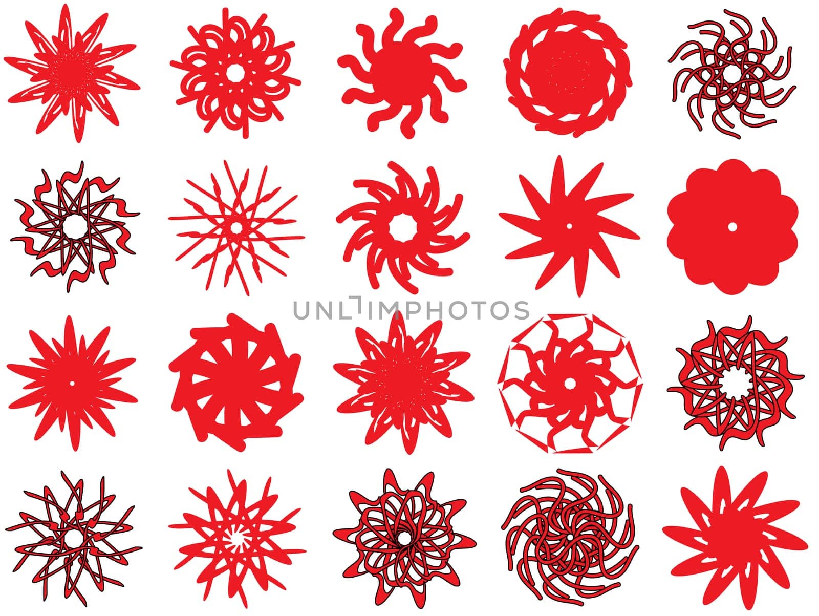 Simple icon or symbol type silhouette styled designs that resemble stars, wreaths, suns or flowers with color easily changed in photoshop.