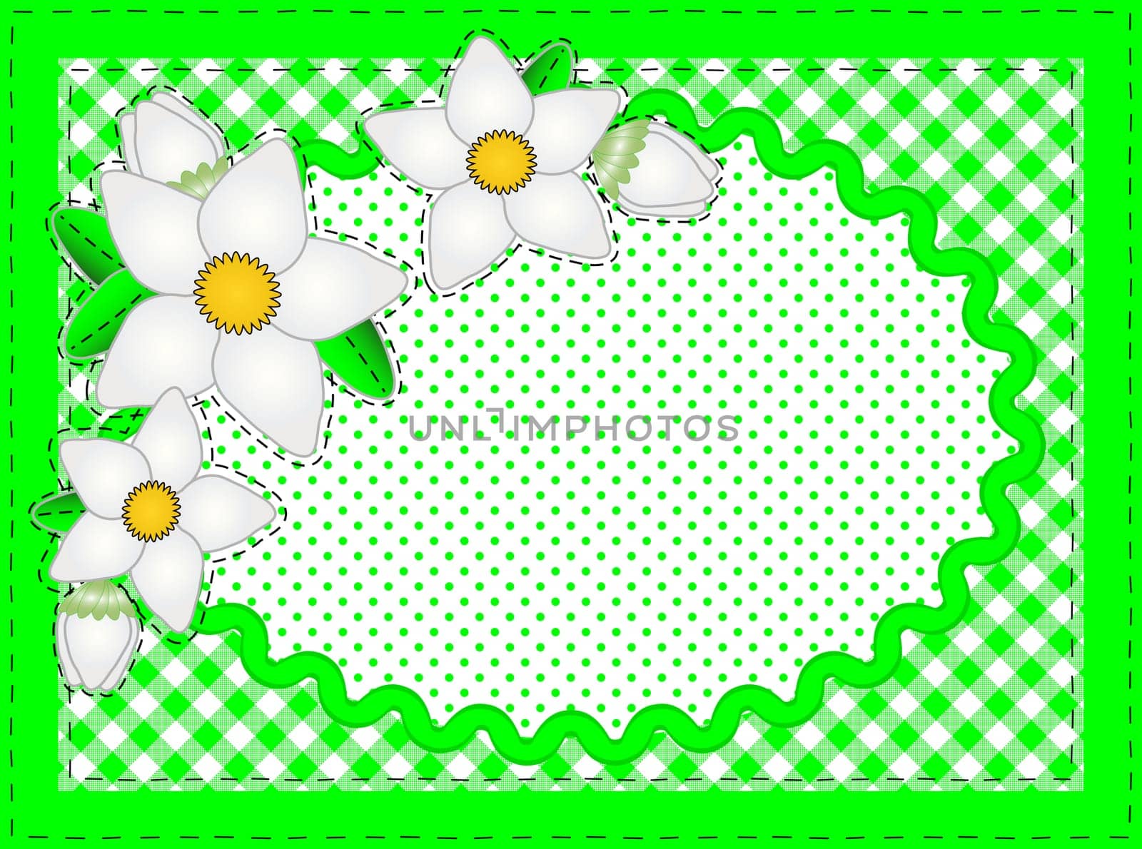 Jpg.  Border with oval copy space, flowers, gingham and dots in green, white containing quilting stitches.