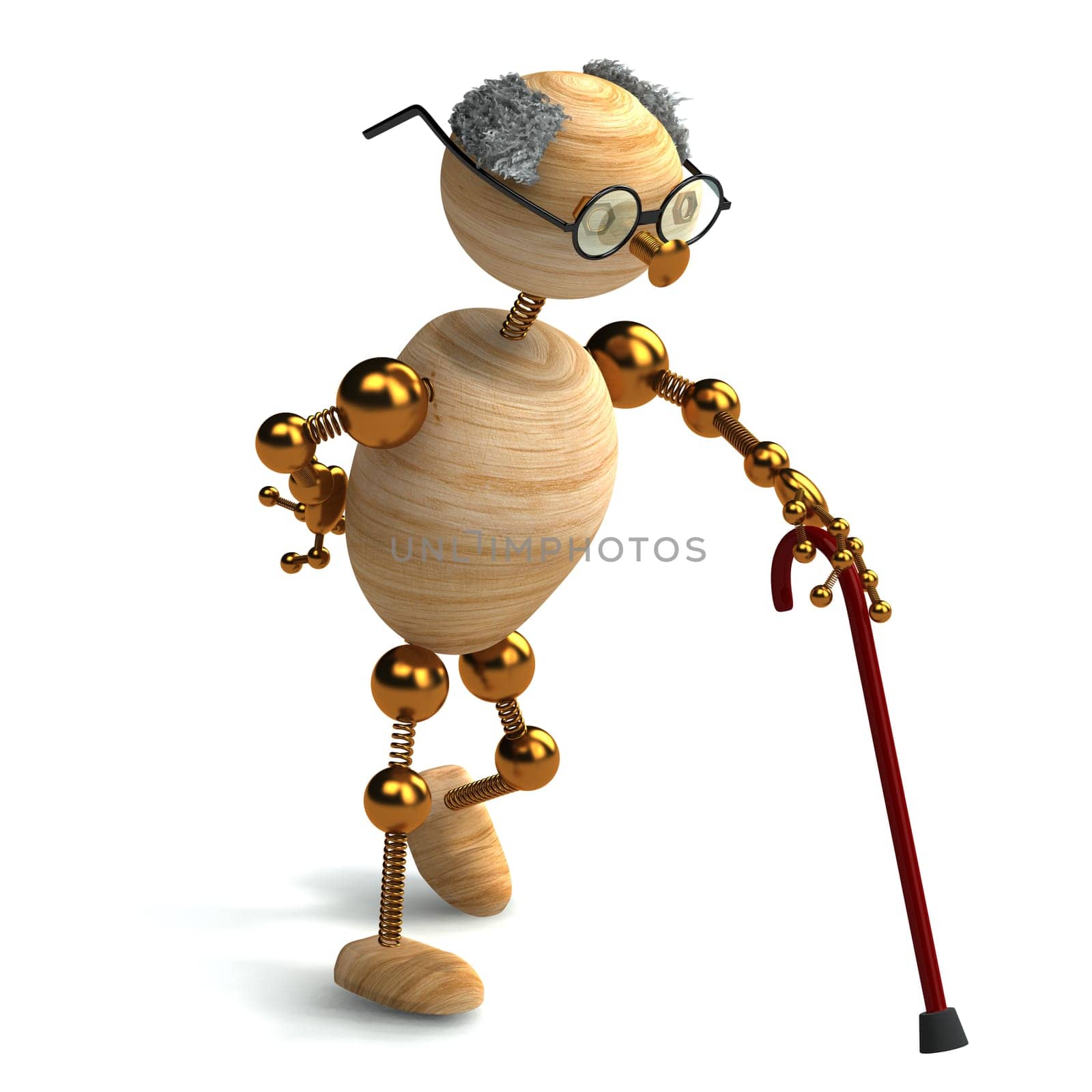3d rendered wood man old with walking stick