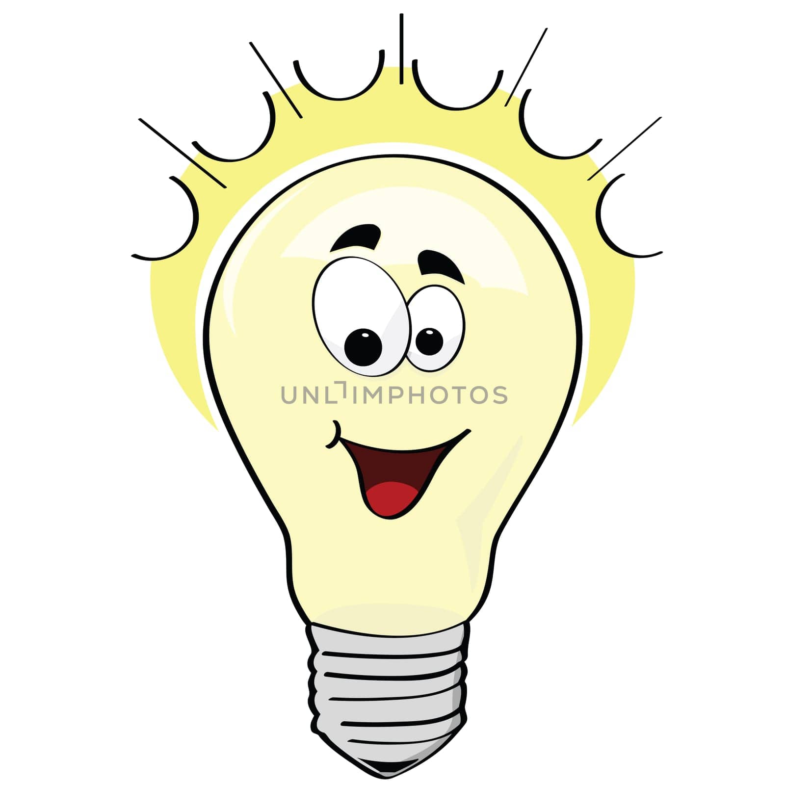 Cartoon illustration of a happy lightbulb, or a happy idea