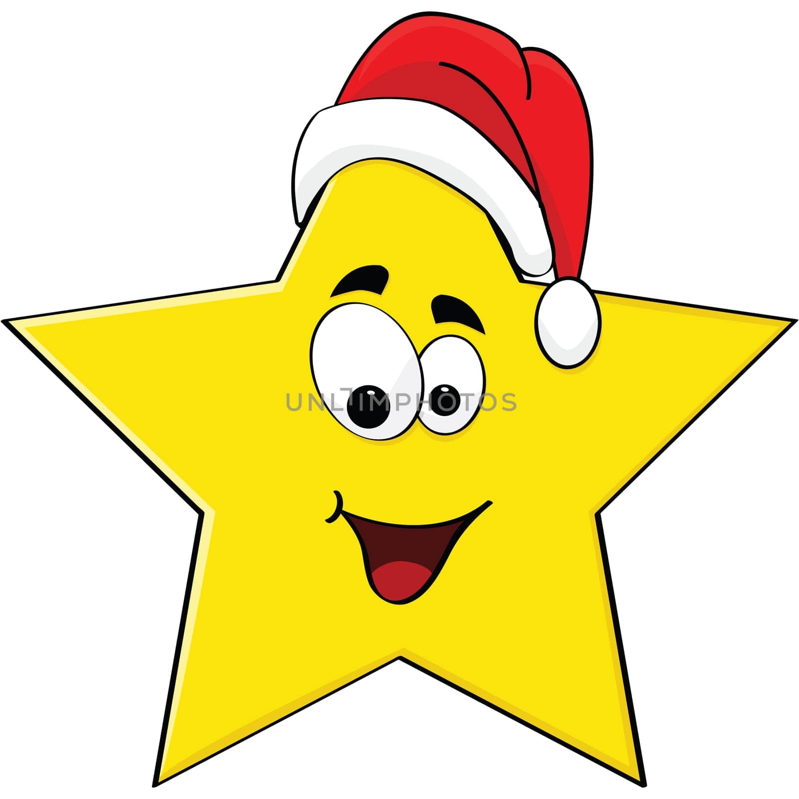 Cartoon illustration of a happy star wearing a Santa Claus hat