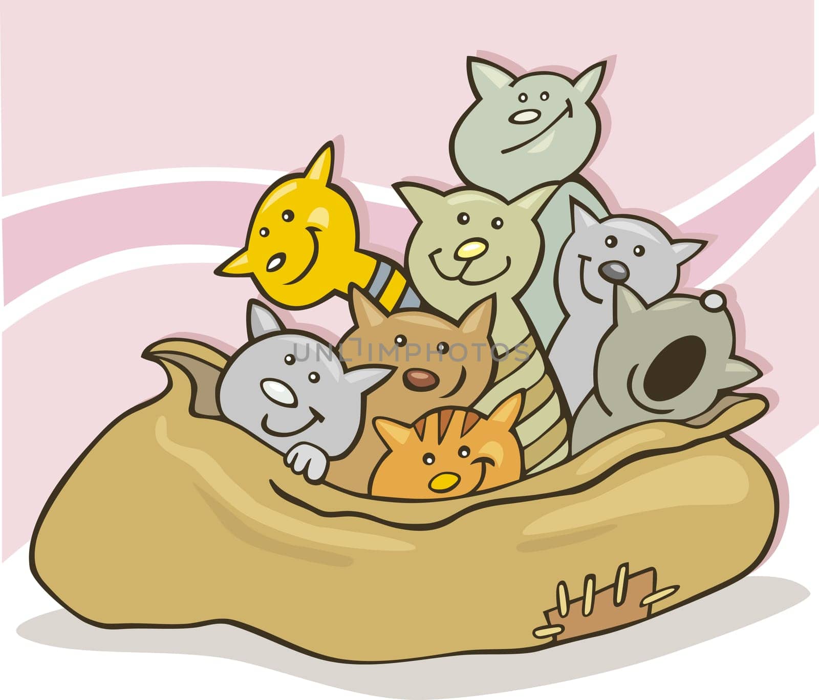 Cartoon illustration of many happy funny cats in big sack
