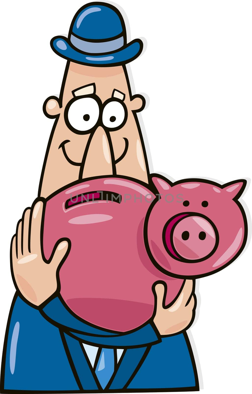 Cartoon illustration of man with savings in piggy bank