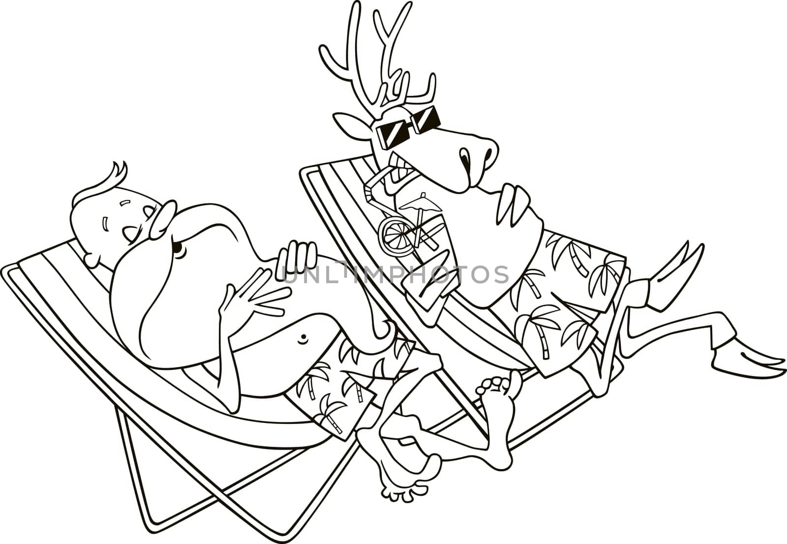 cartoon illustration of santa and reindeer having a rest for coloring book