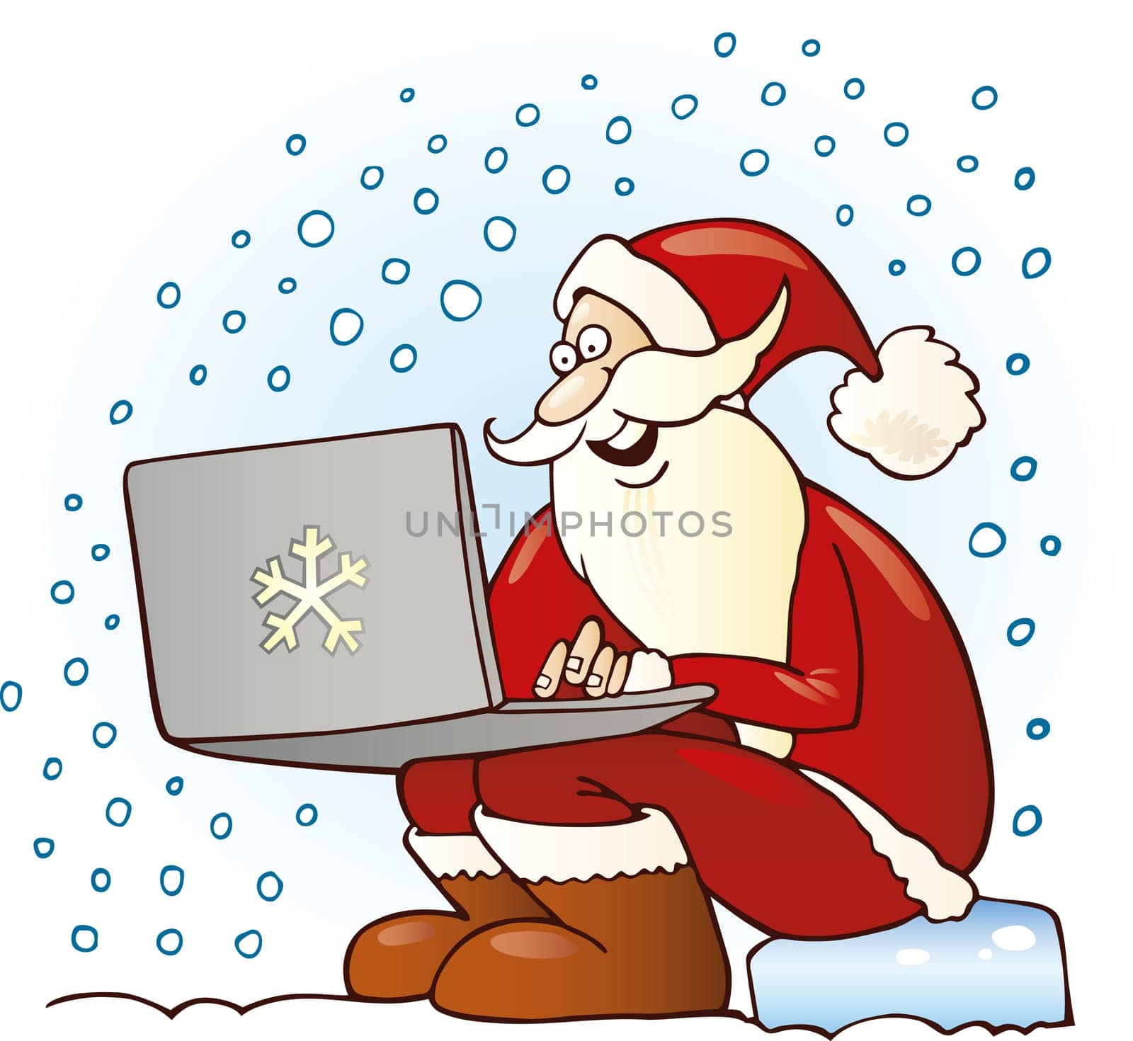 Illustration of santa claus with laptop buying gifts by internet