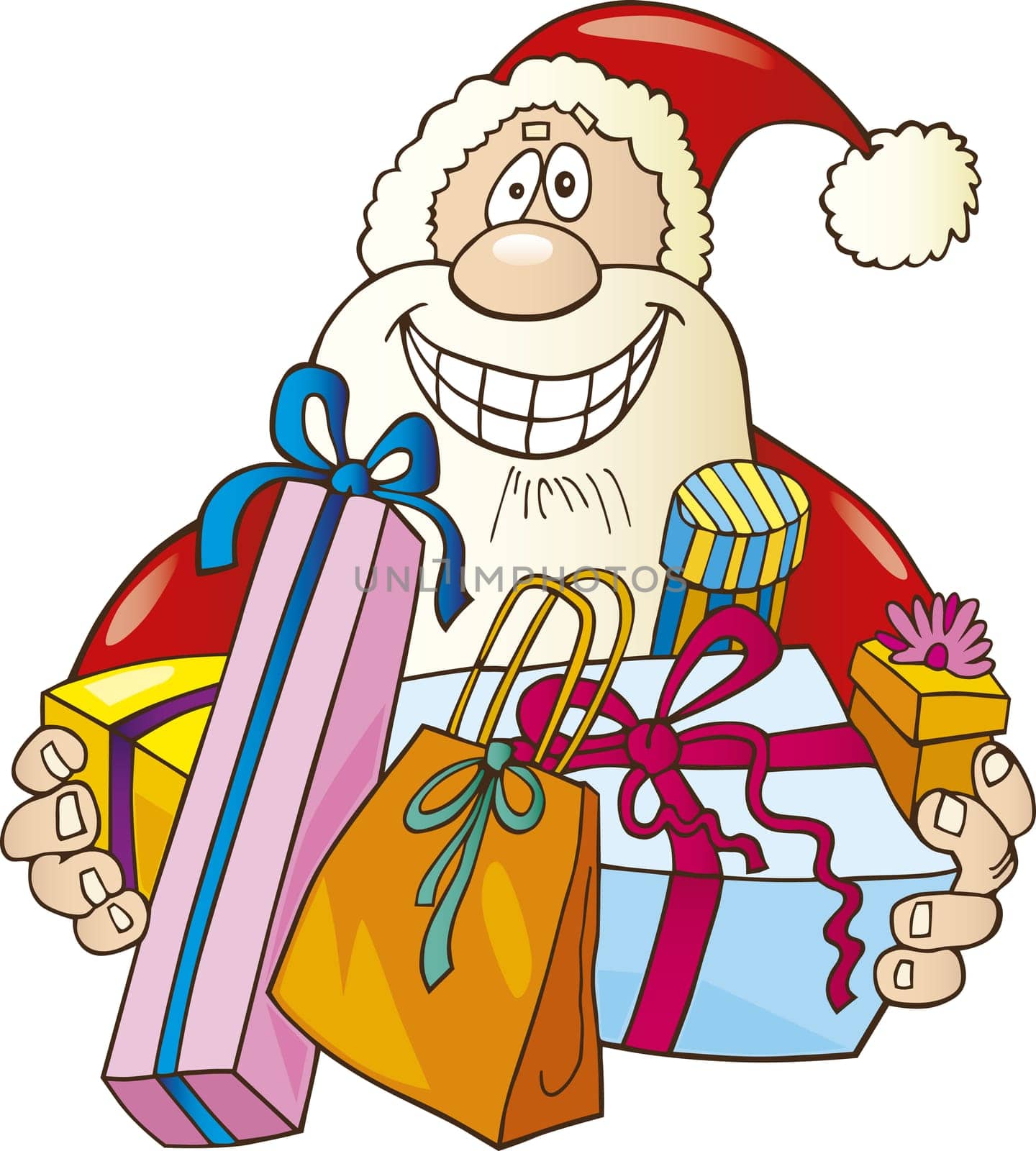 Illustration of funny santa claus with gifts