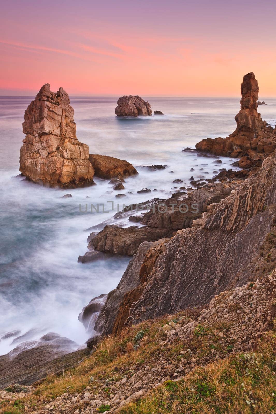 Amazing seascape sunrise at winter. Los Urros, Spain