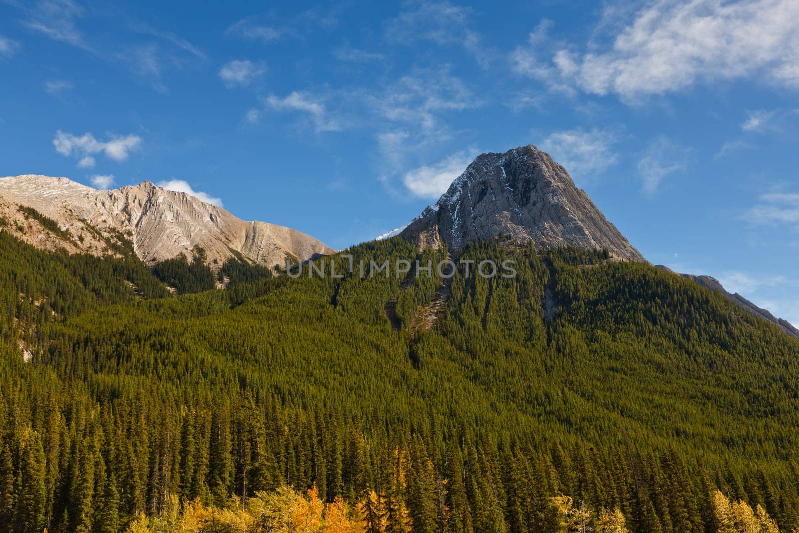 Mountain peak view from Maligne Lake Road, Jasper National Park, Alberta, Canada