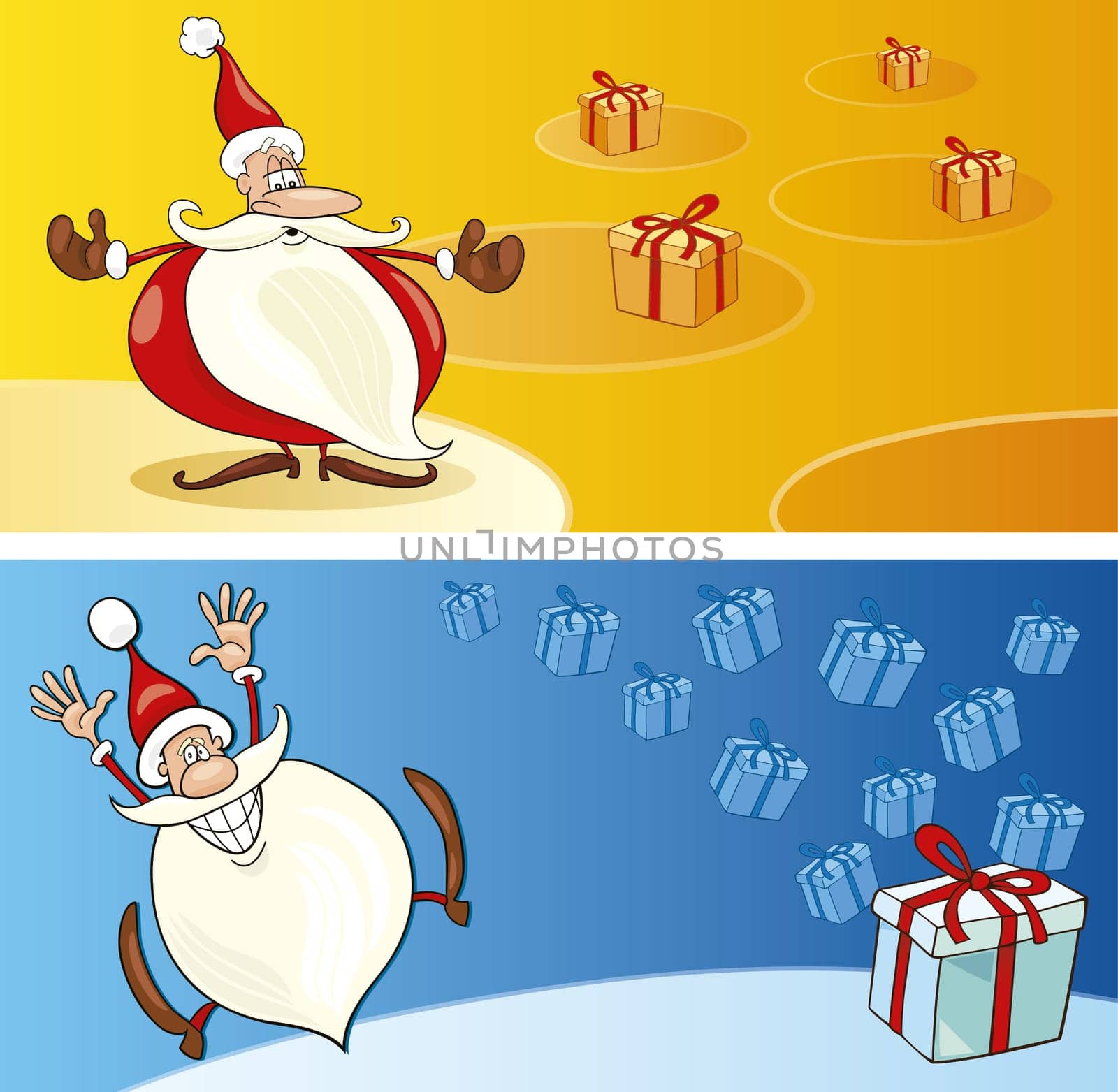 llustration of funny Santas with gifts