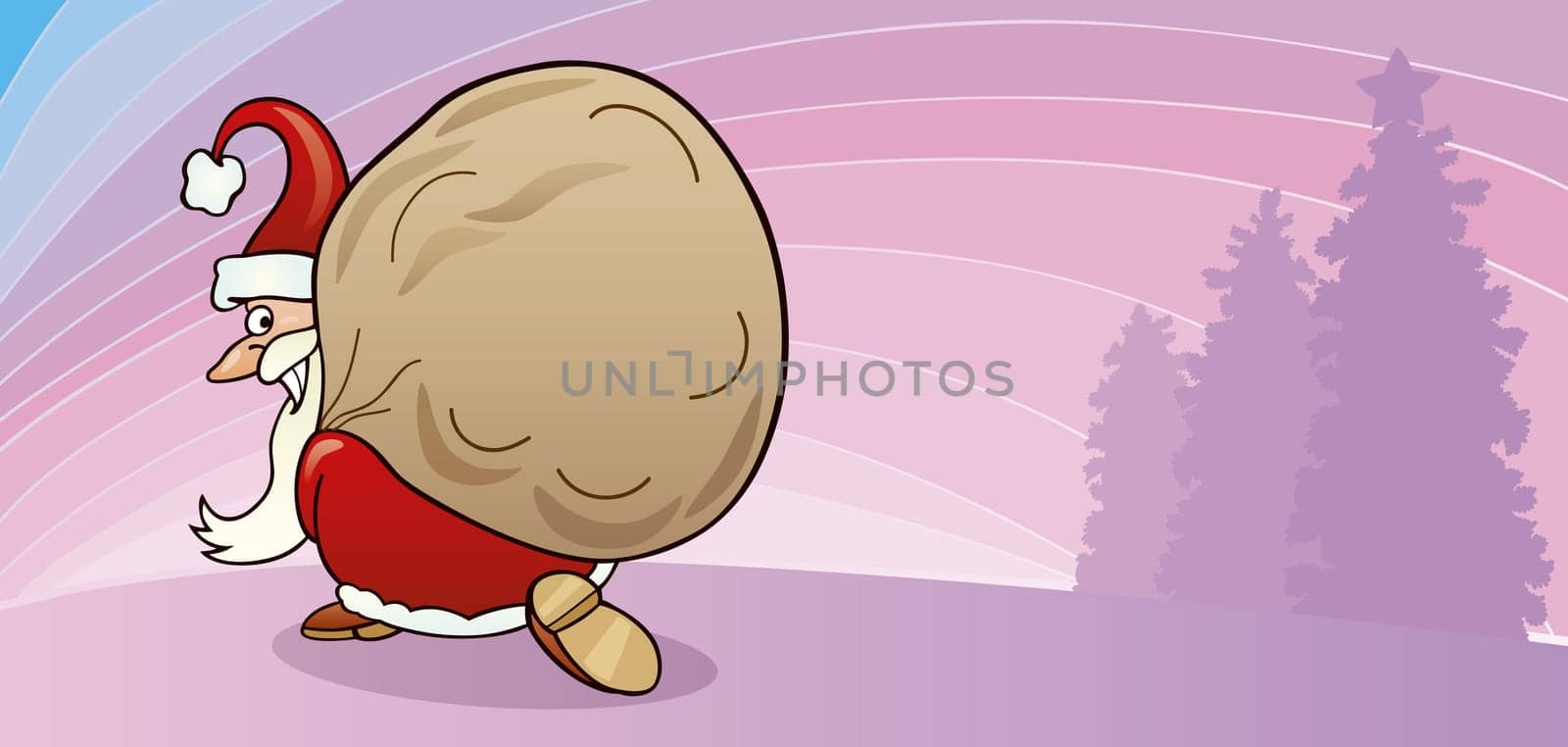Illustration of funny santa claus with sack of gifts